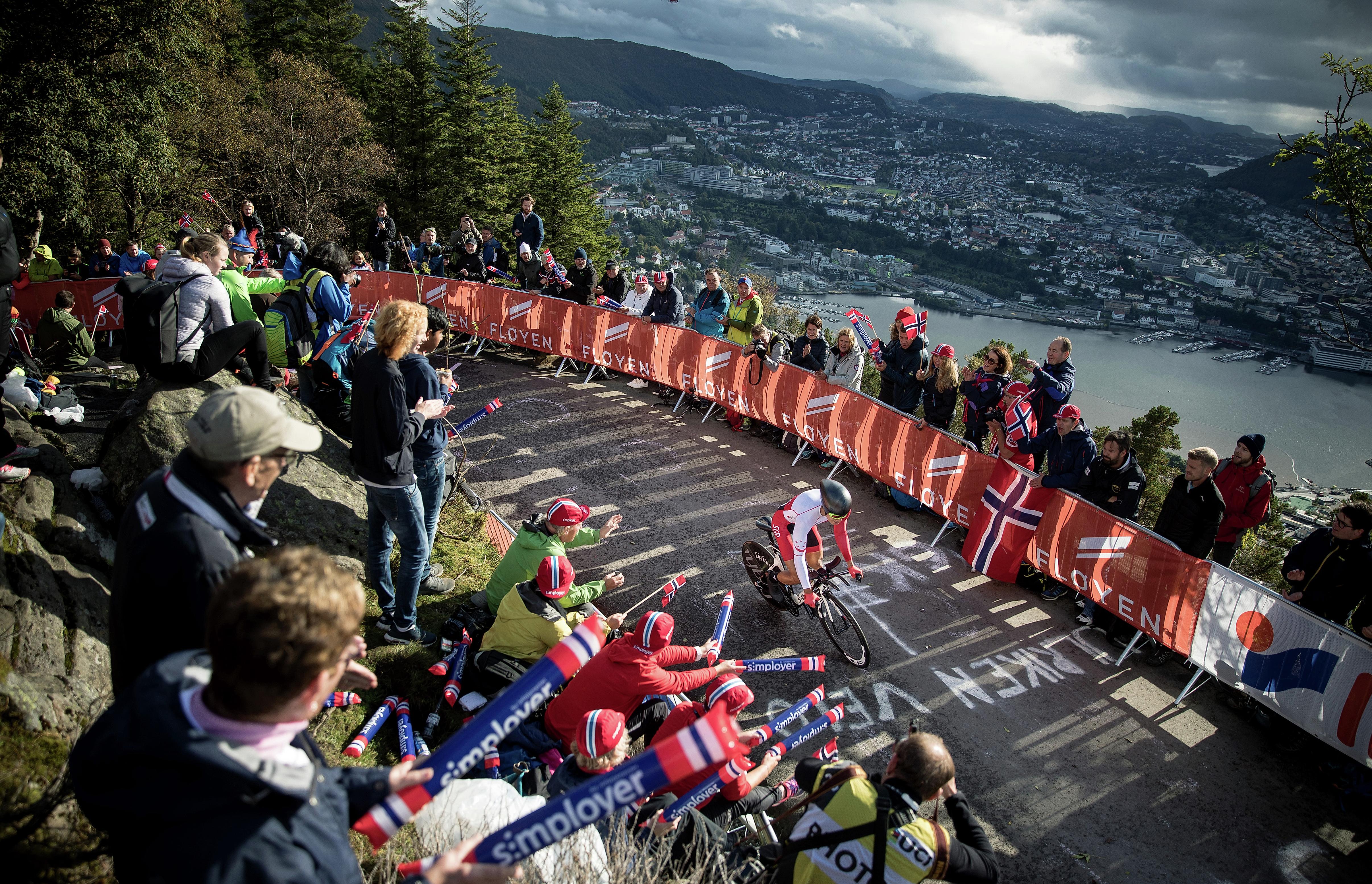 Spectators watching the UCI Road World Championships with a view over Bergen, Norway