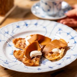 A Norwegian waffle with brown cheese on a plate.