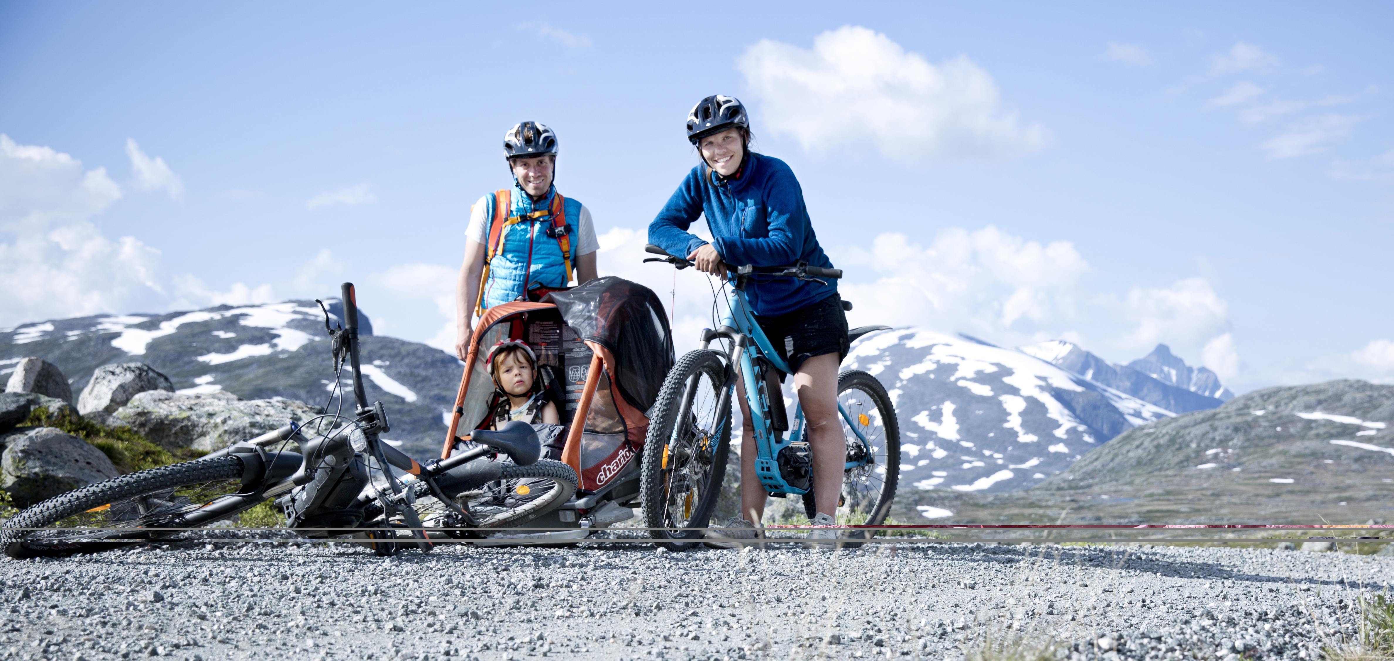 A family of three with e-bikes on a road near Åndalsnes, Fjord Norway