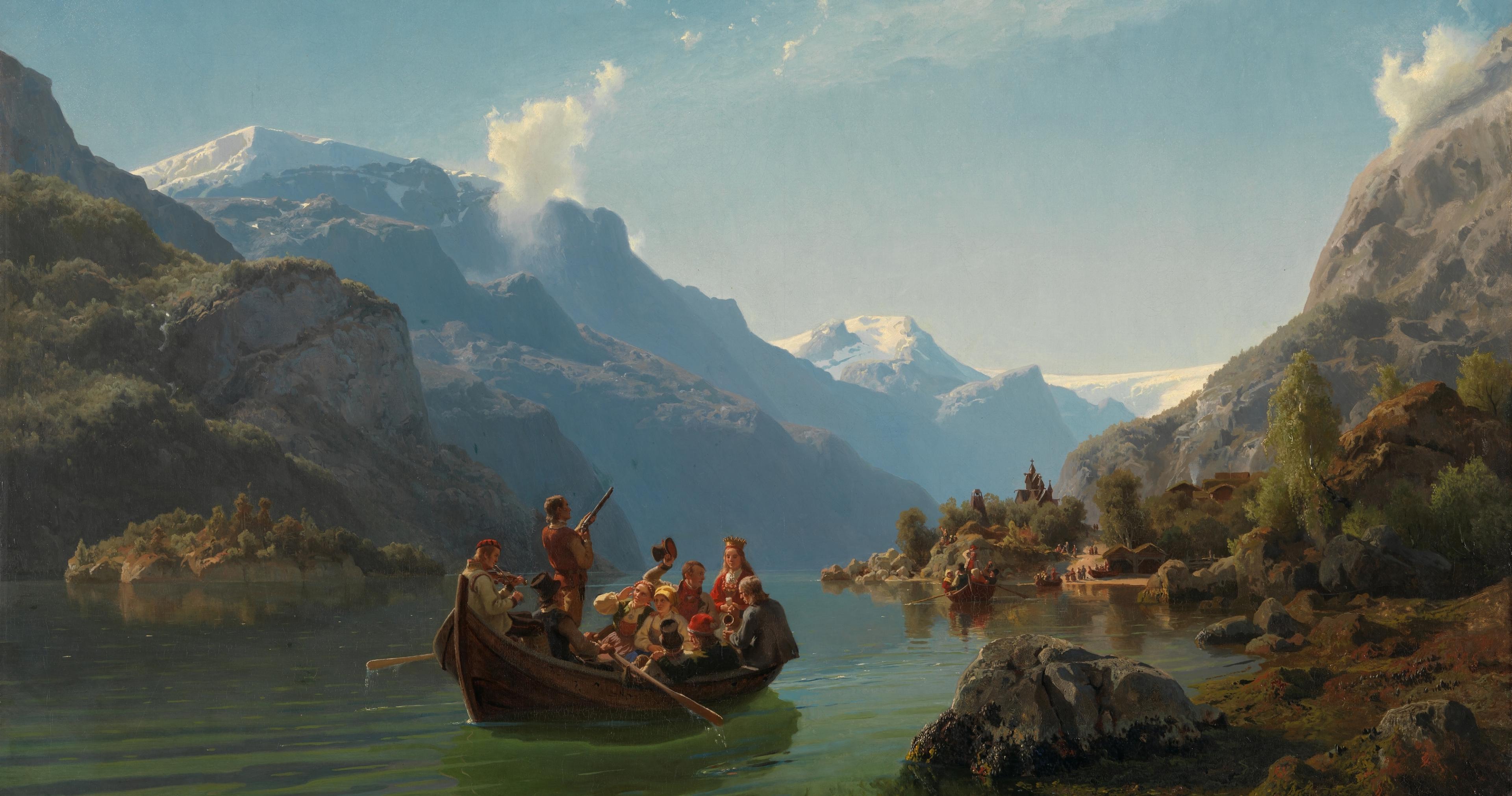 The iconic national romantic painting, Bridal Procession on the Hardanger fjord from 1848