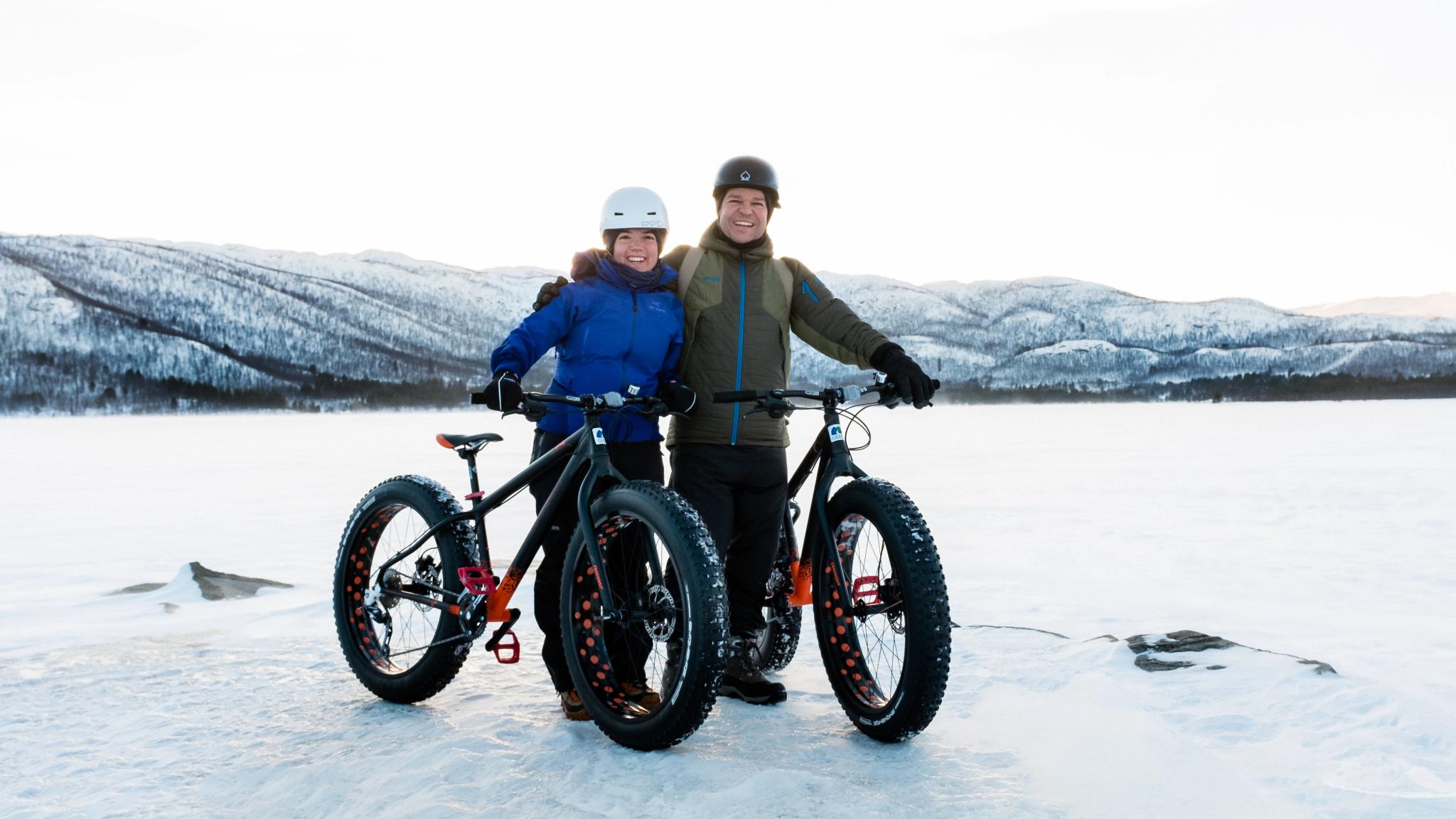A couple riding fat bikes in ice in Geilo, Eastern Norway