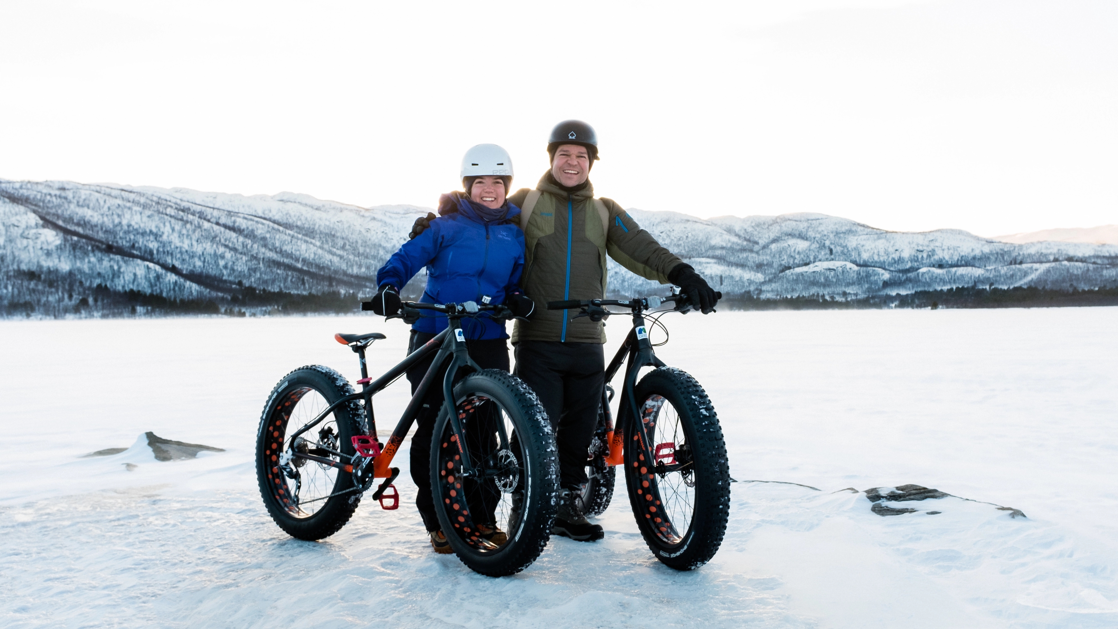 A couple riding fat bikes in ice in Geilo, Eastern Norway