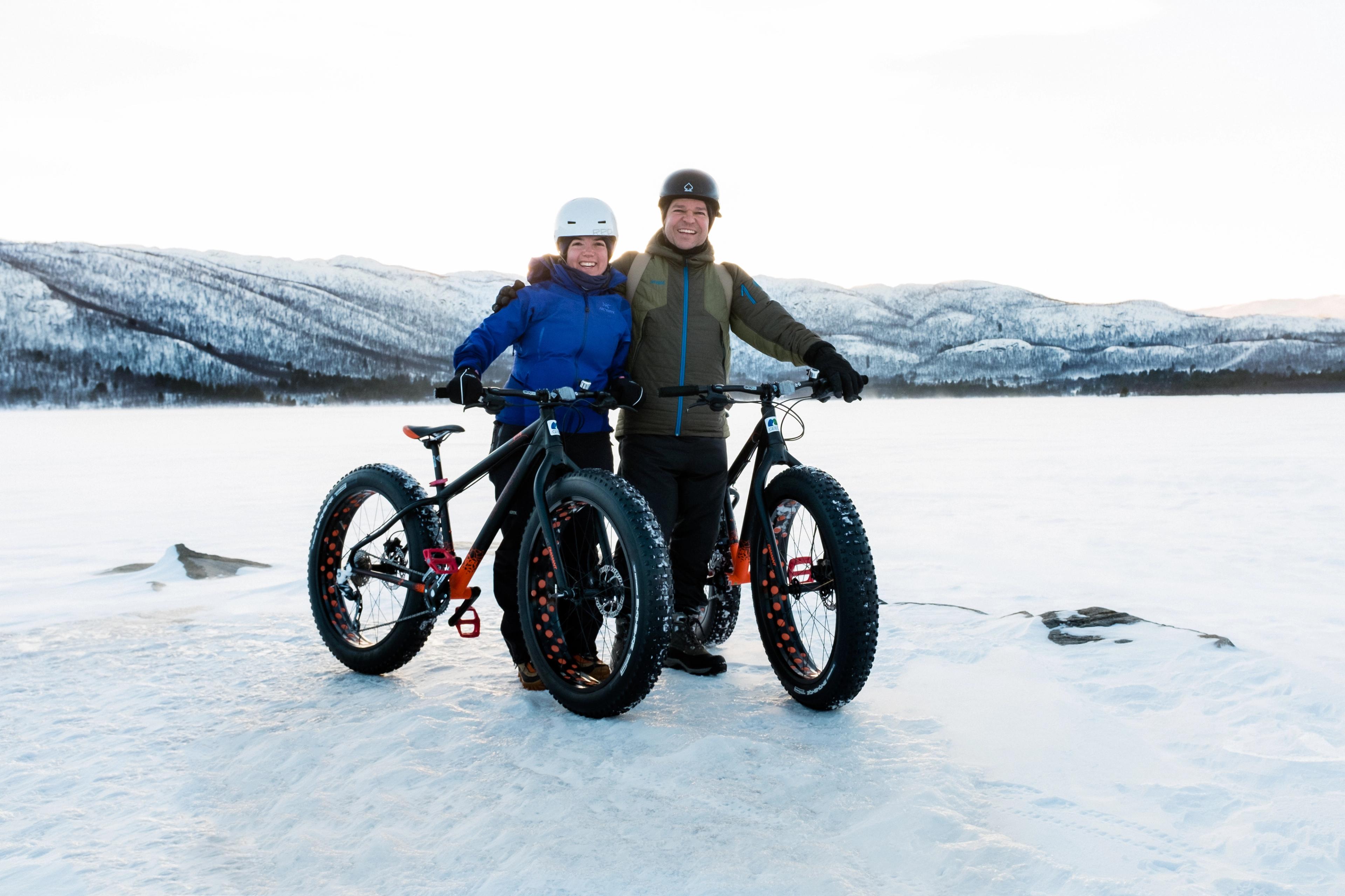 A couple riding fat bikes in ice in Geilo, Eastern Norway