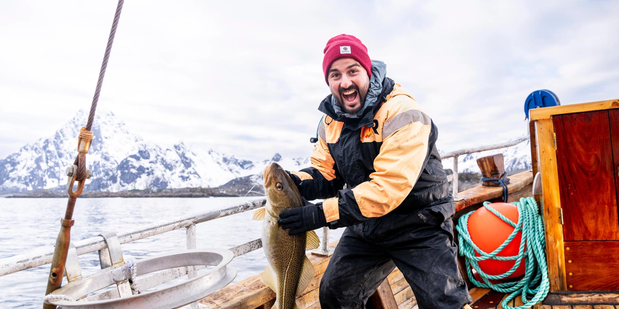 A man fishing skrei in Lofoten