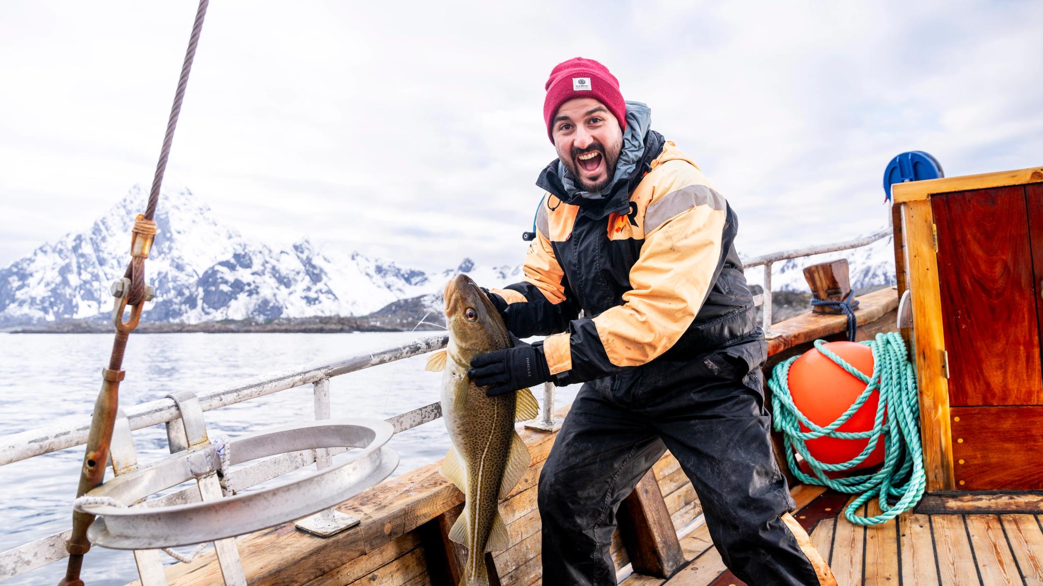A man fishing skrei in Lofoten