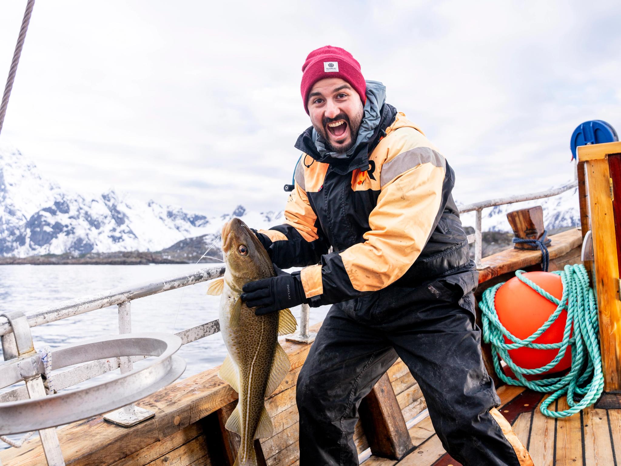 A man fishing skrei in Lofoten
