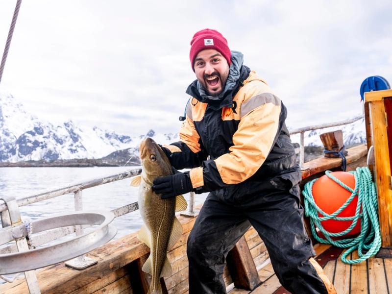 A man fishing skrei in Lofoten