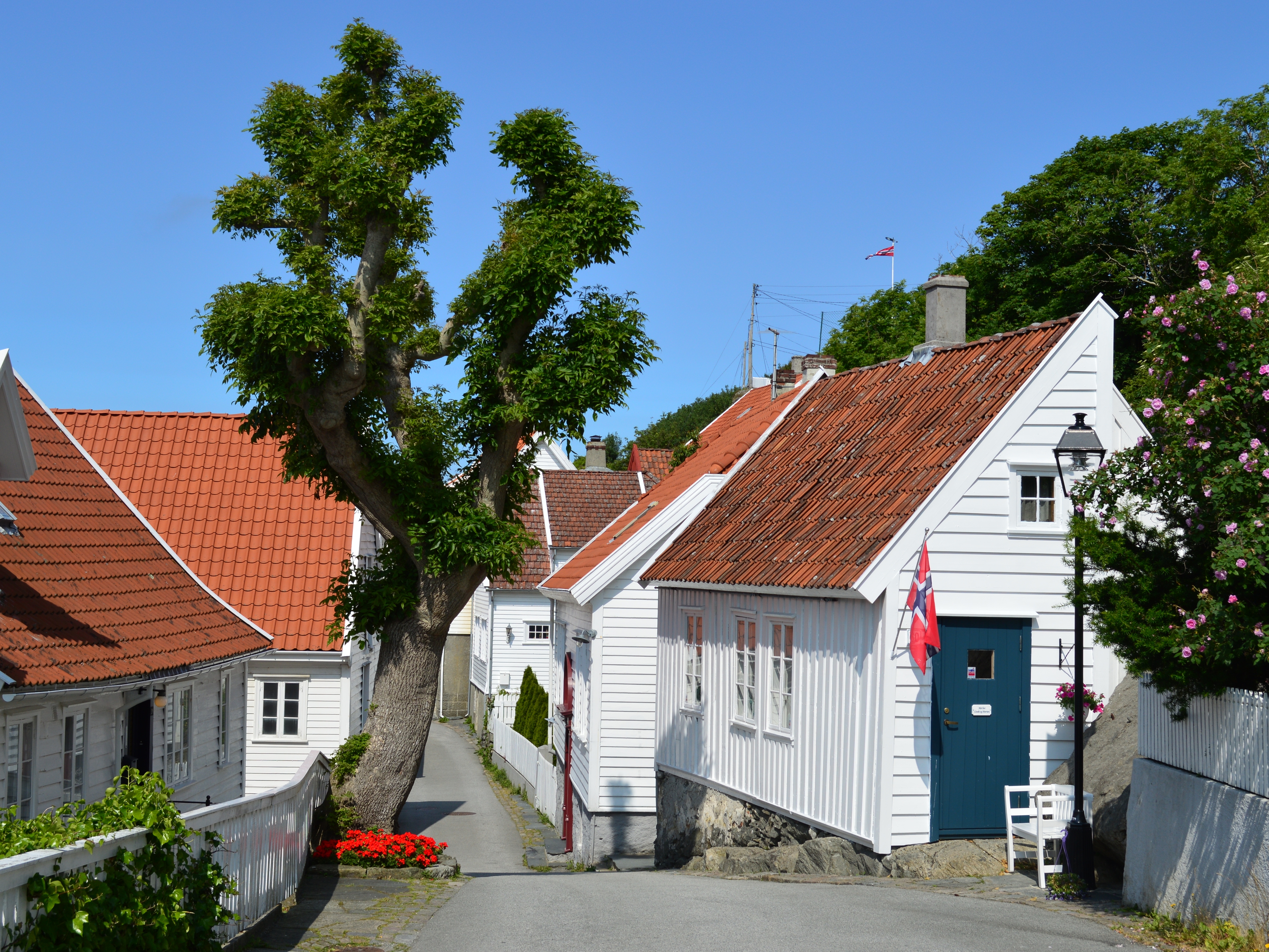 Charmerende træhuse i kystperlen Skudeneshavn uden for Haugesund i Fjord Norge