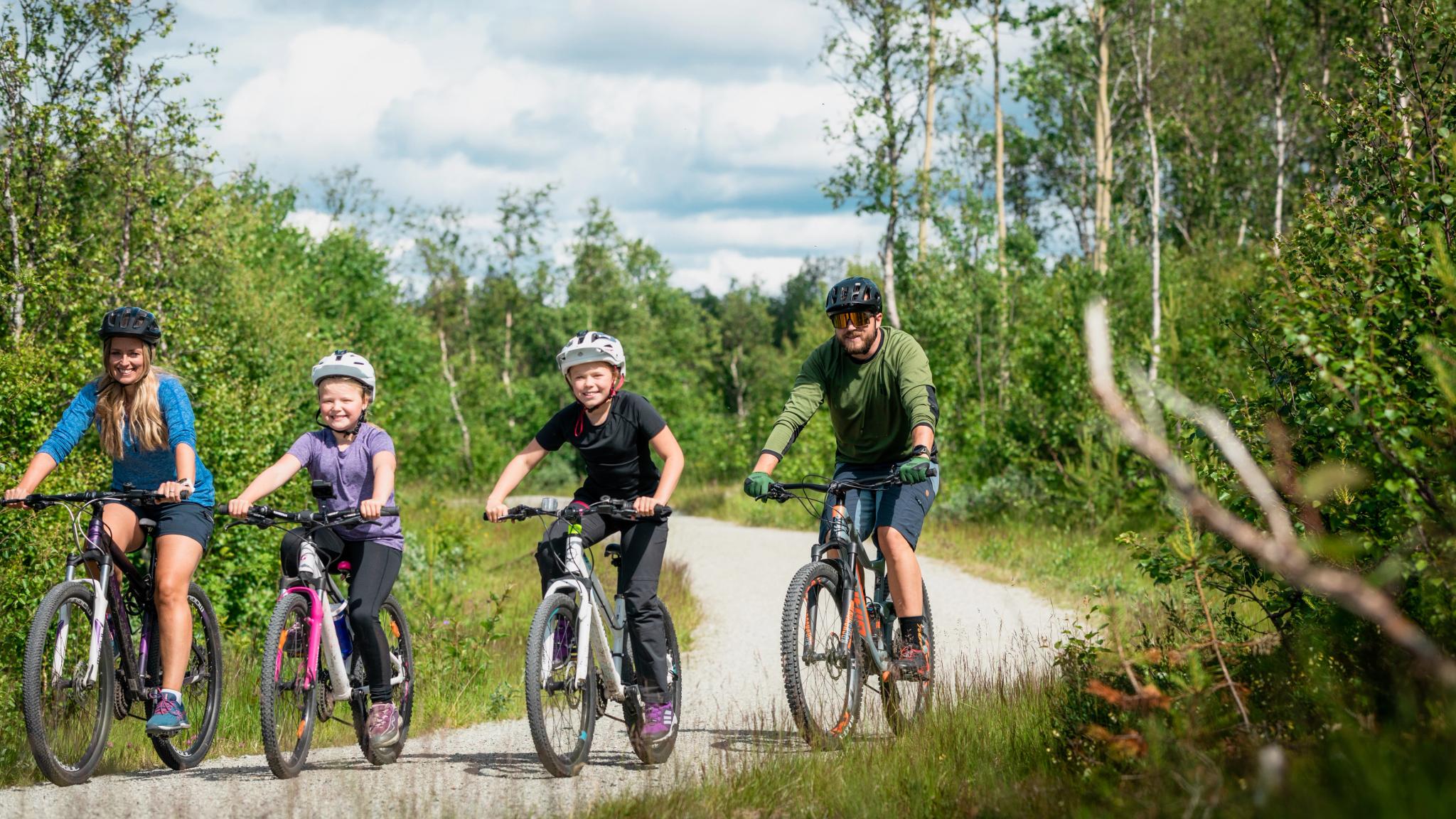 Family of four biking in a road in Geilo, Eastern Norway