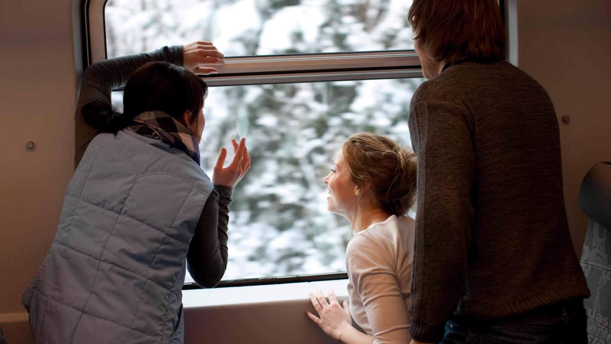 Three people are admiring the view out the window on the Bergen Line, a train running between Oslo and Bergen in Norway