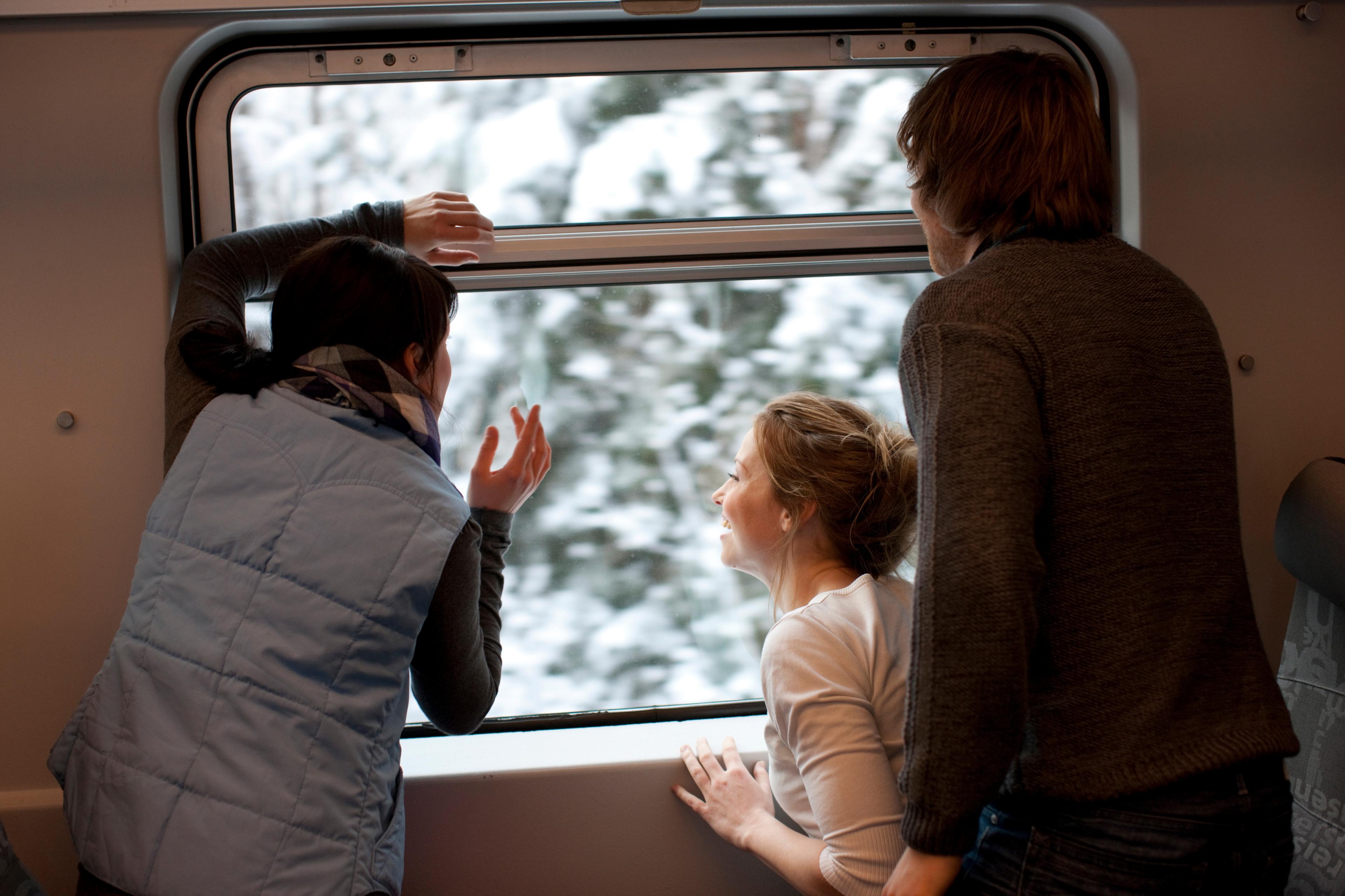 Three people are admiring the view out the window on the Bergen Line, a train running between Oslo and Bergen in Norway