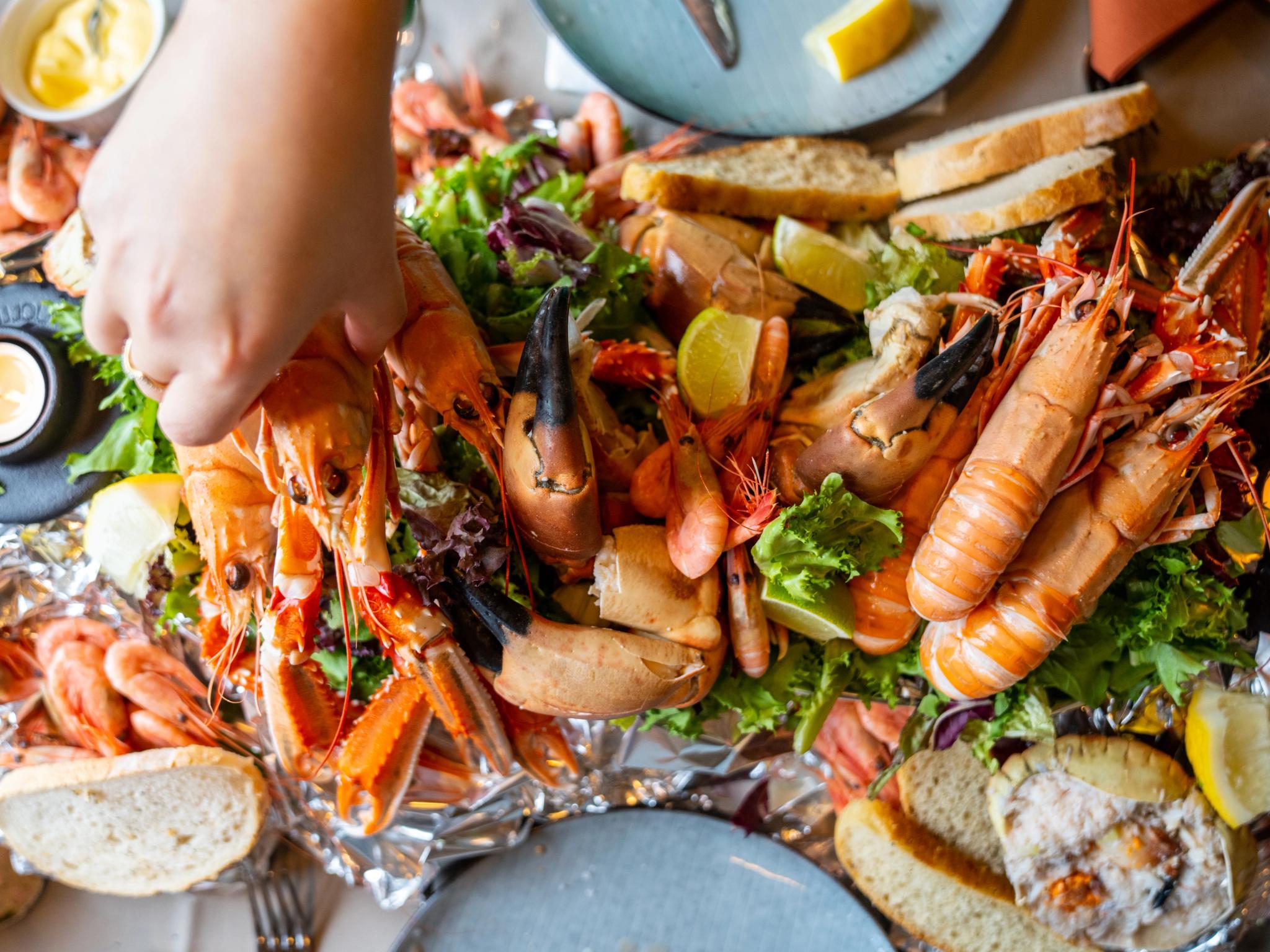 Shellfish feast of crab, shrimp and crayfish at Ansnes Brygger restaurant at Hitra island in Trøndelag