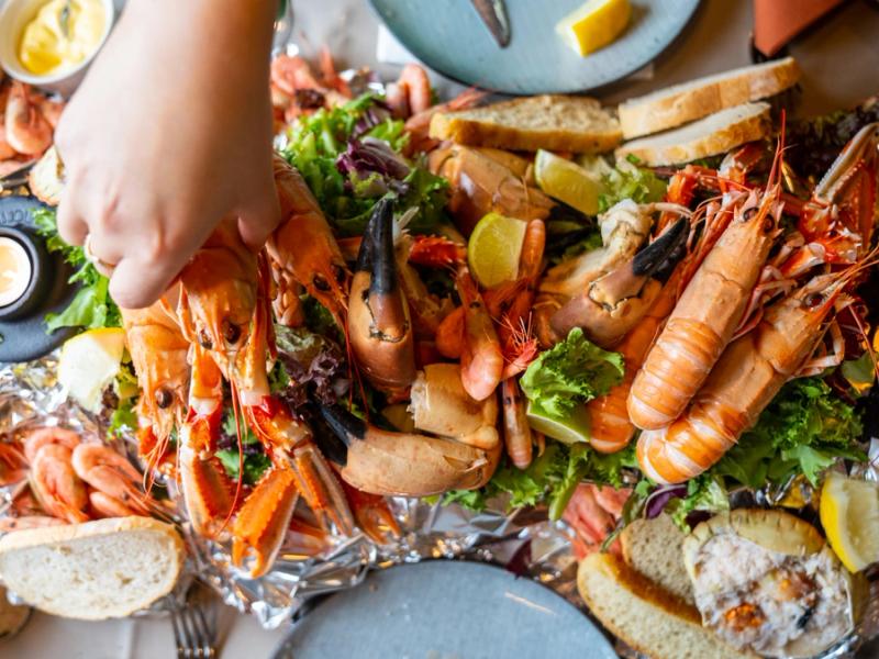 Shellfish feast of crab, shrimp and crayfish at Ansnes Brygger restaurant at Hitra island in Trøndelag