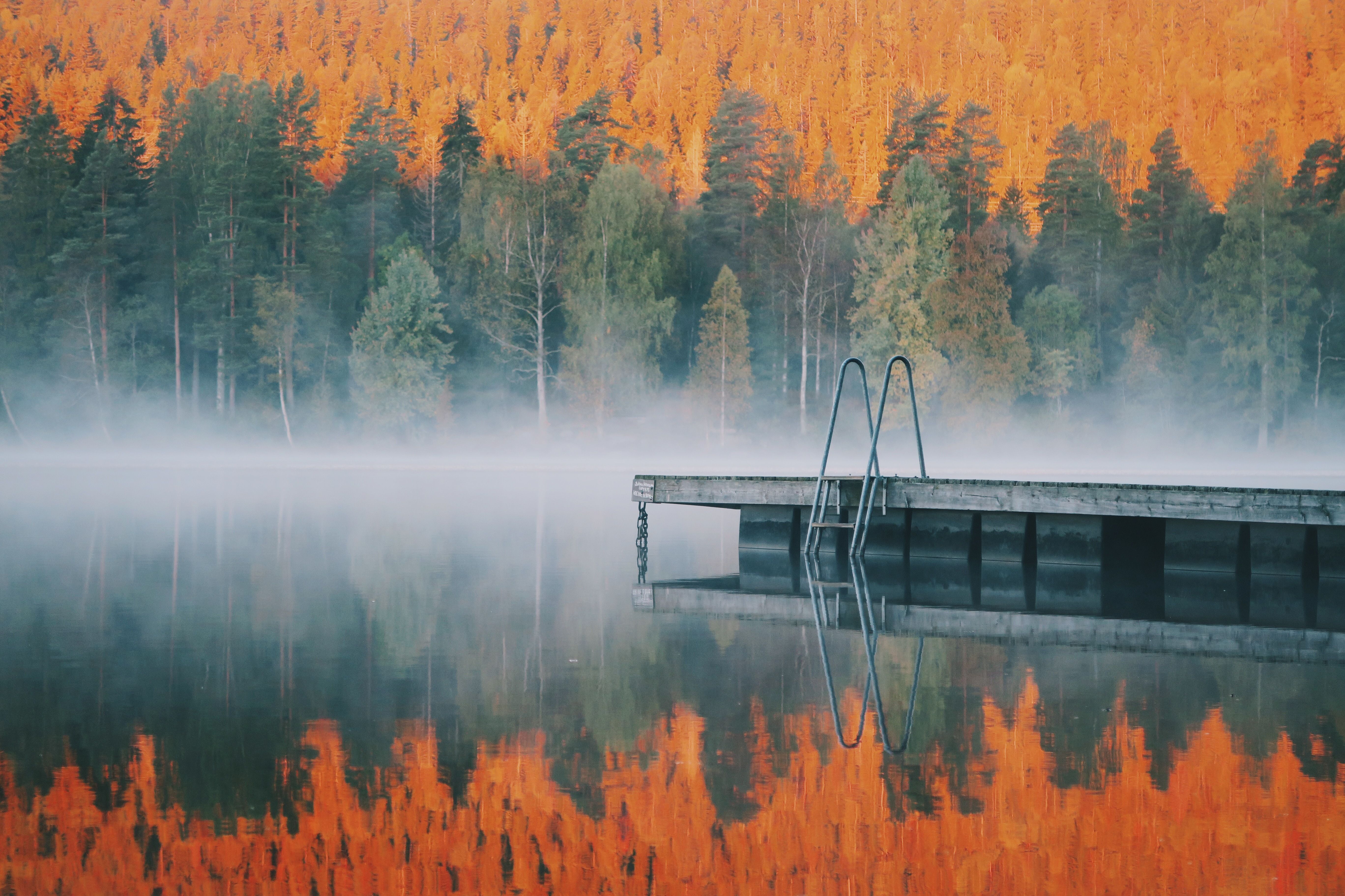 A lake in autumn, with colourful trees surrounding the lake.