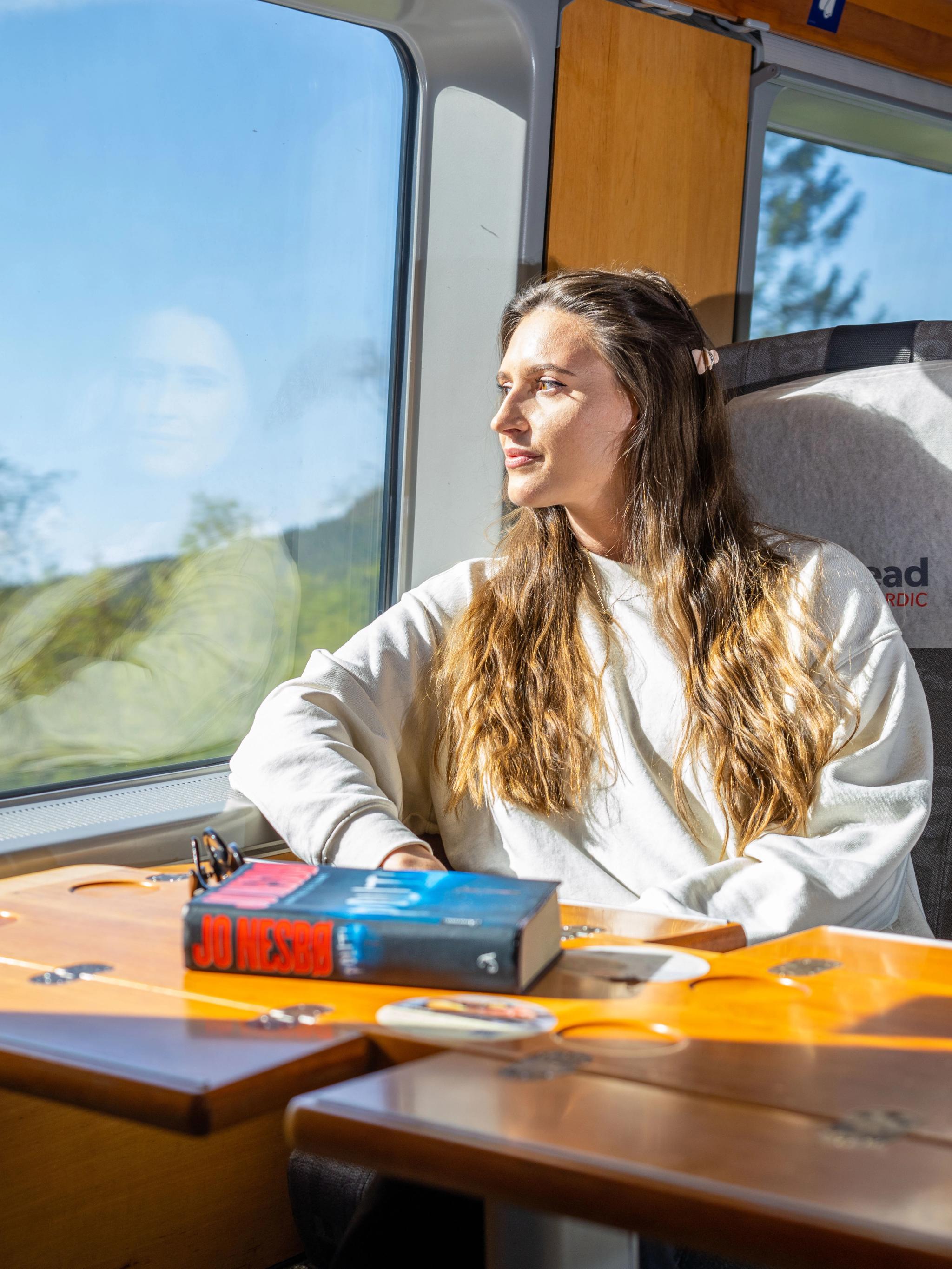 A woman riding the Sørland Line train from Oslo to Stavanger, Norway