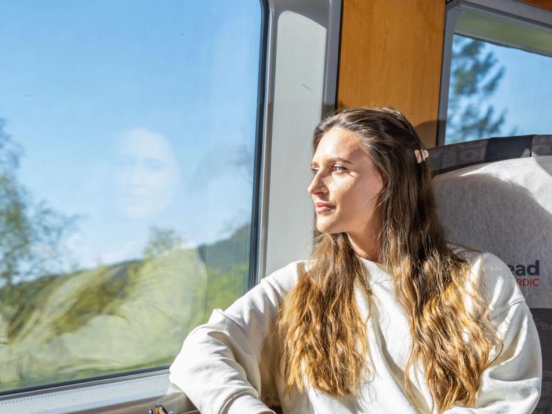 A woman riding the Sørland Line train from Oslo to Stavanger, Norway