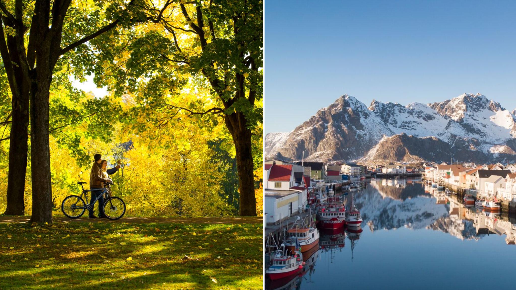 To personer går i Vigelandsparken i Oslo, Henningsvær fiskevær i Lofoten