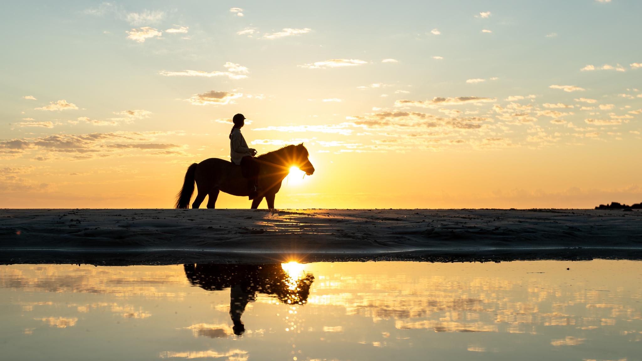 En person rir i solnedgangen i Lofoten i Nord-Norge