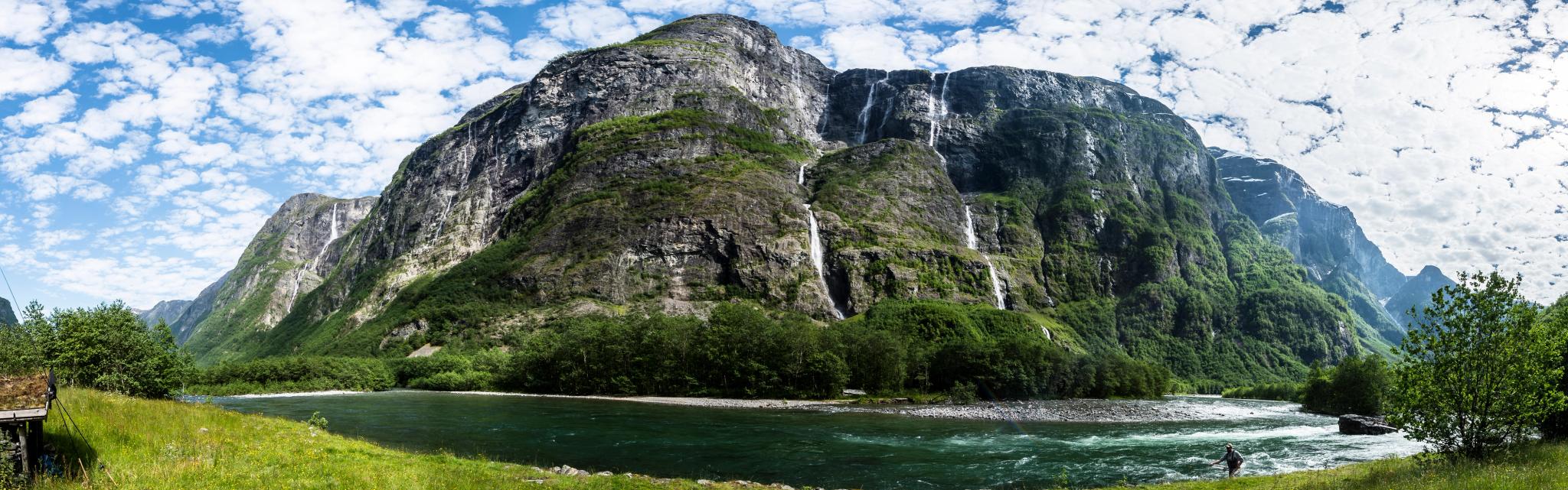 A fisherman fishing for salmon in Nærøydalselva in Fjord Norway