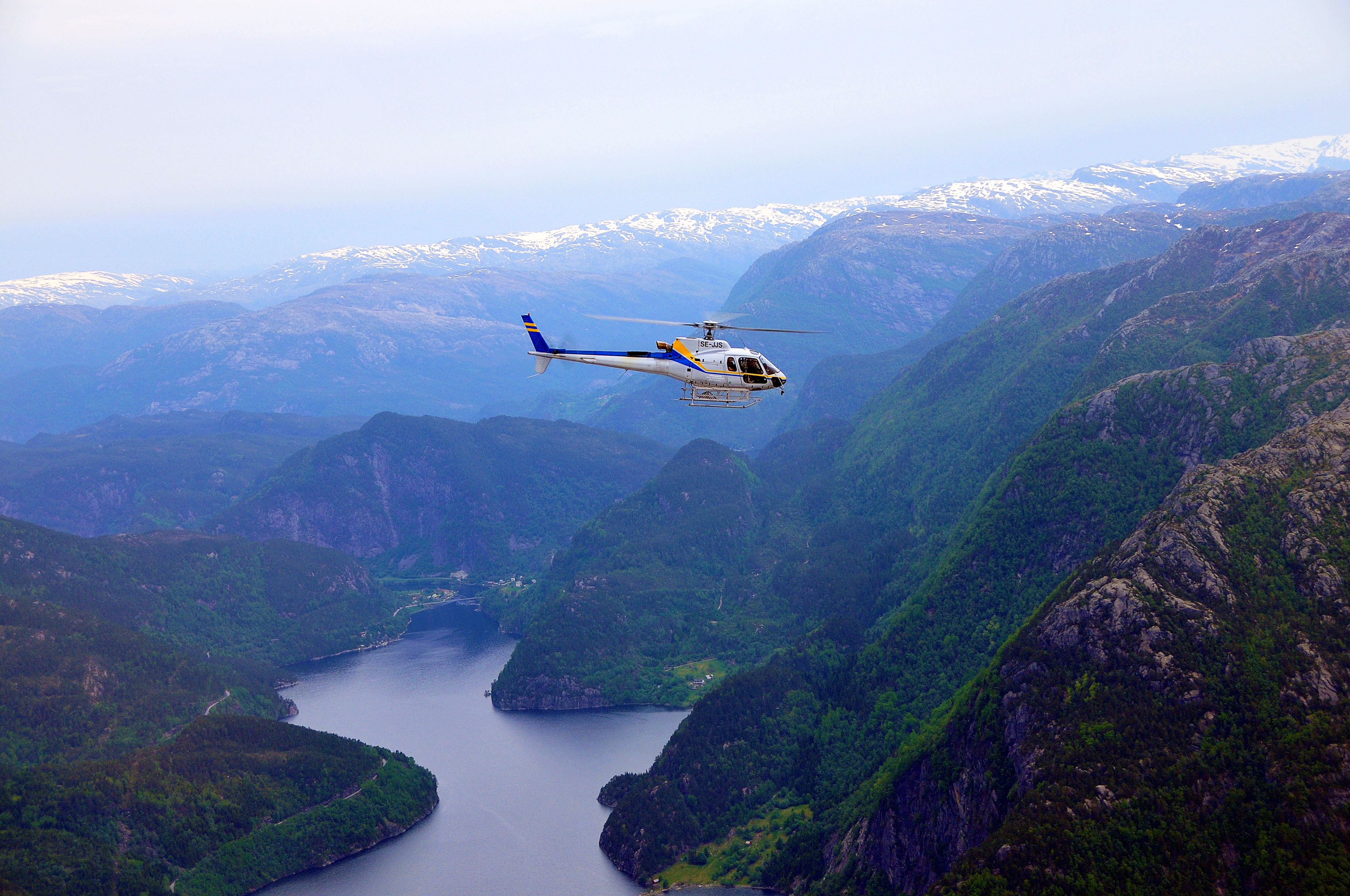 A helicopter in the air near Bergen in Norway
