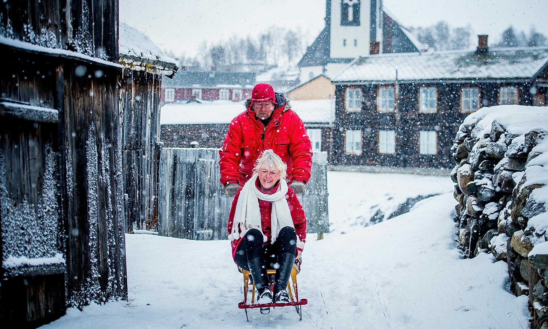A couple at kicksled at Røros in Trøndelag, Norway.