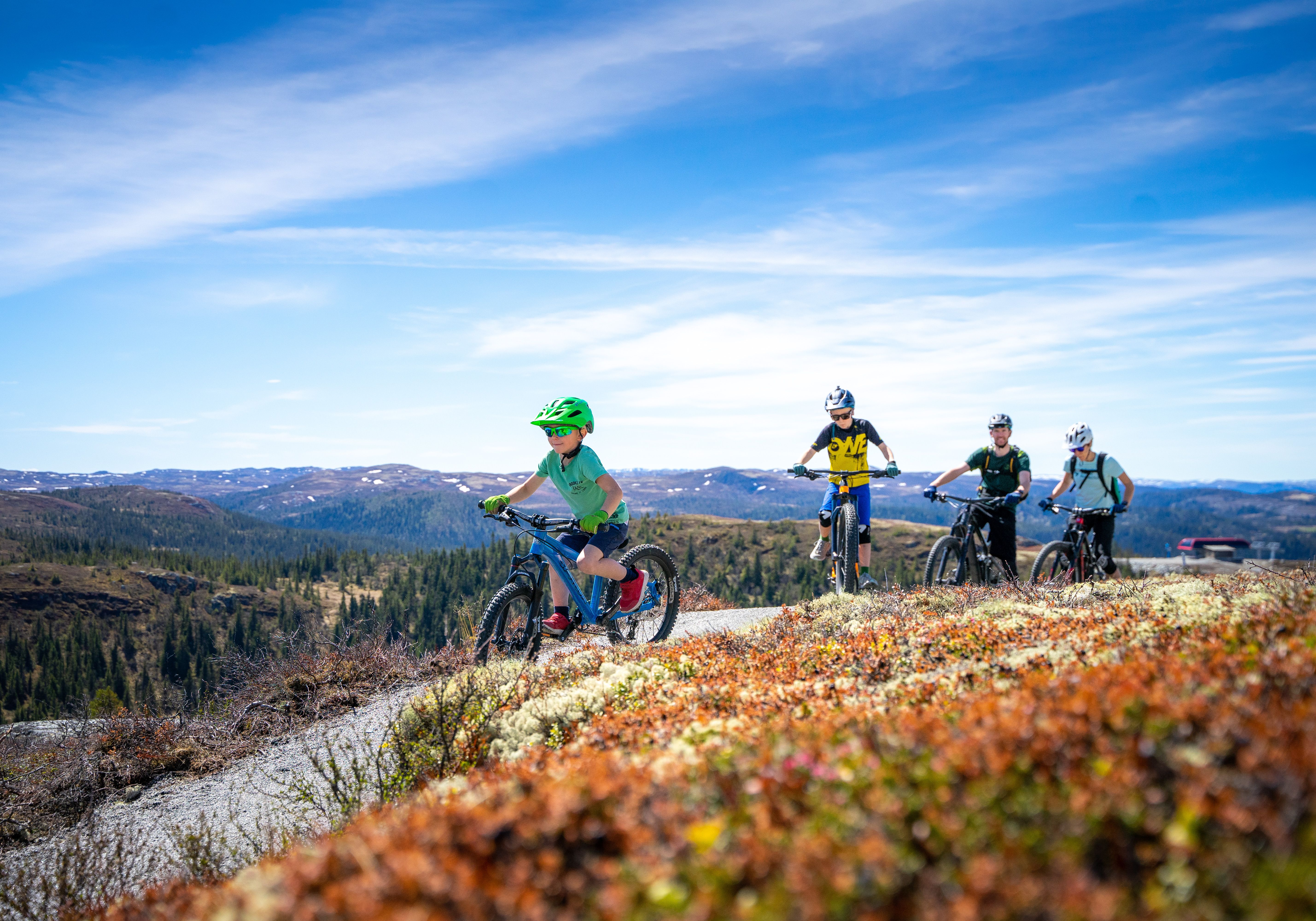 A family cycling in Hallingspranget, Eastern Norway.