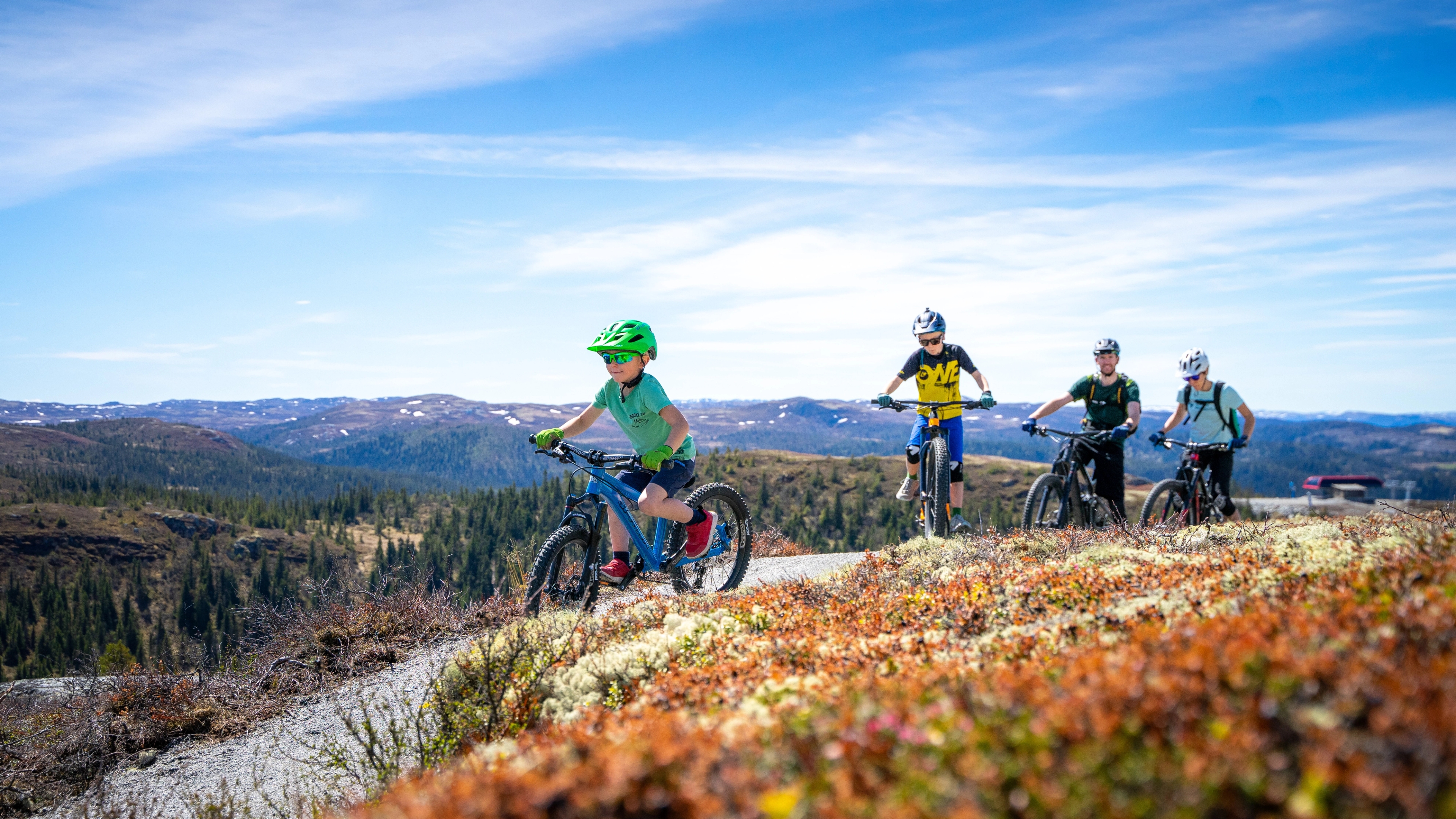 A family cycling in Hallingspranget, Eastern Norway.