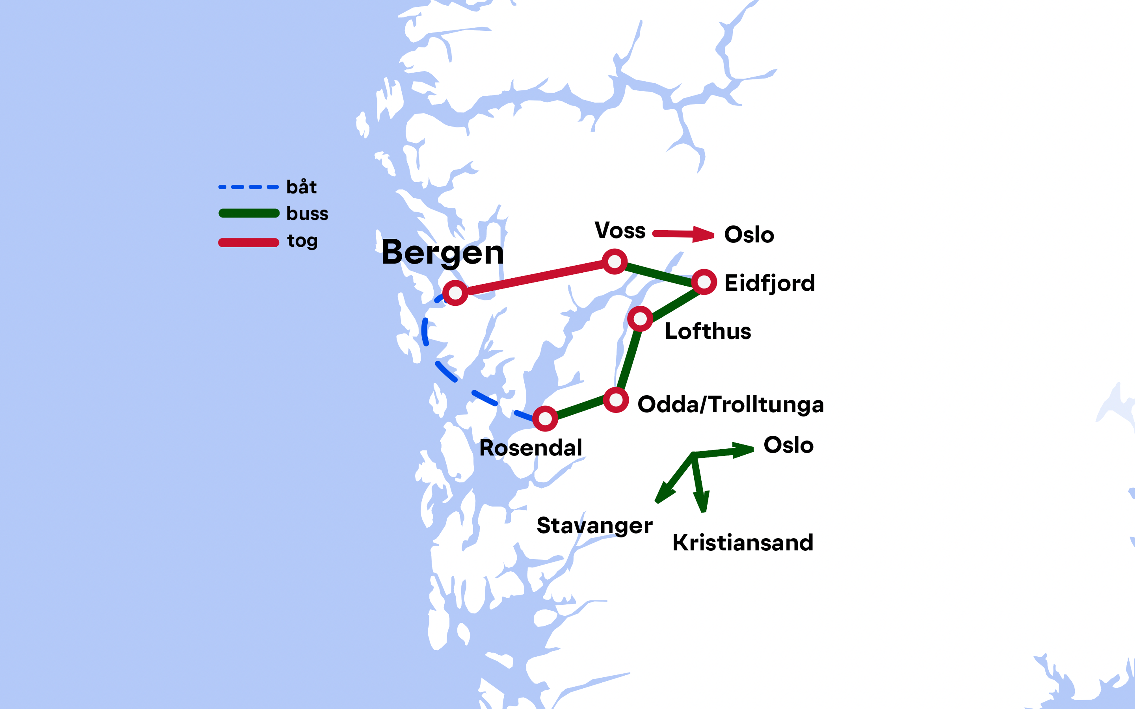 Rutekart: Bergen og Hardangerfjorden