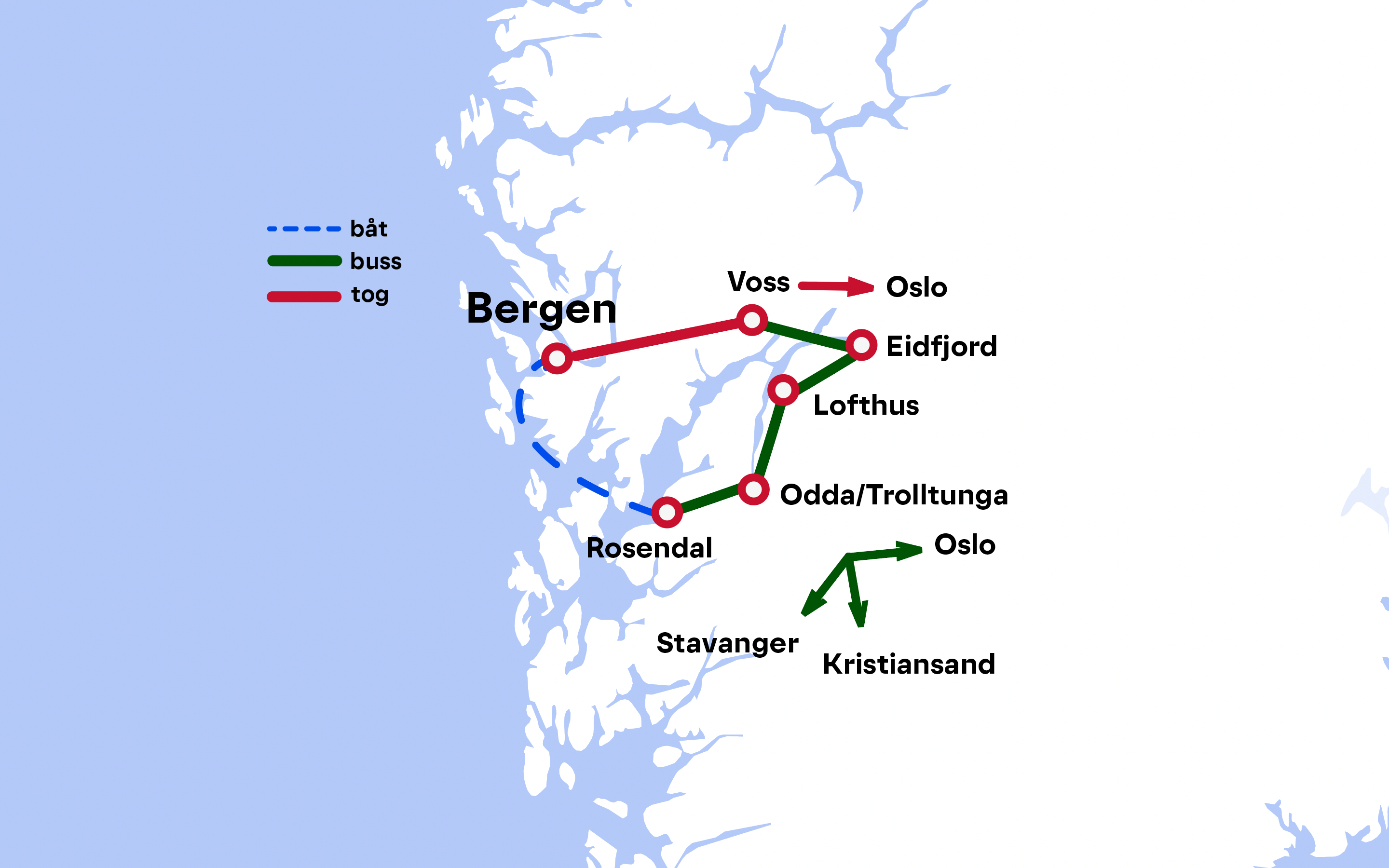 Rutekart: Bergen og Hardangerfjorden