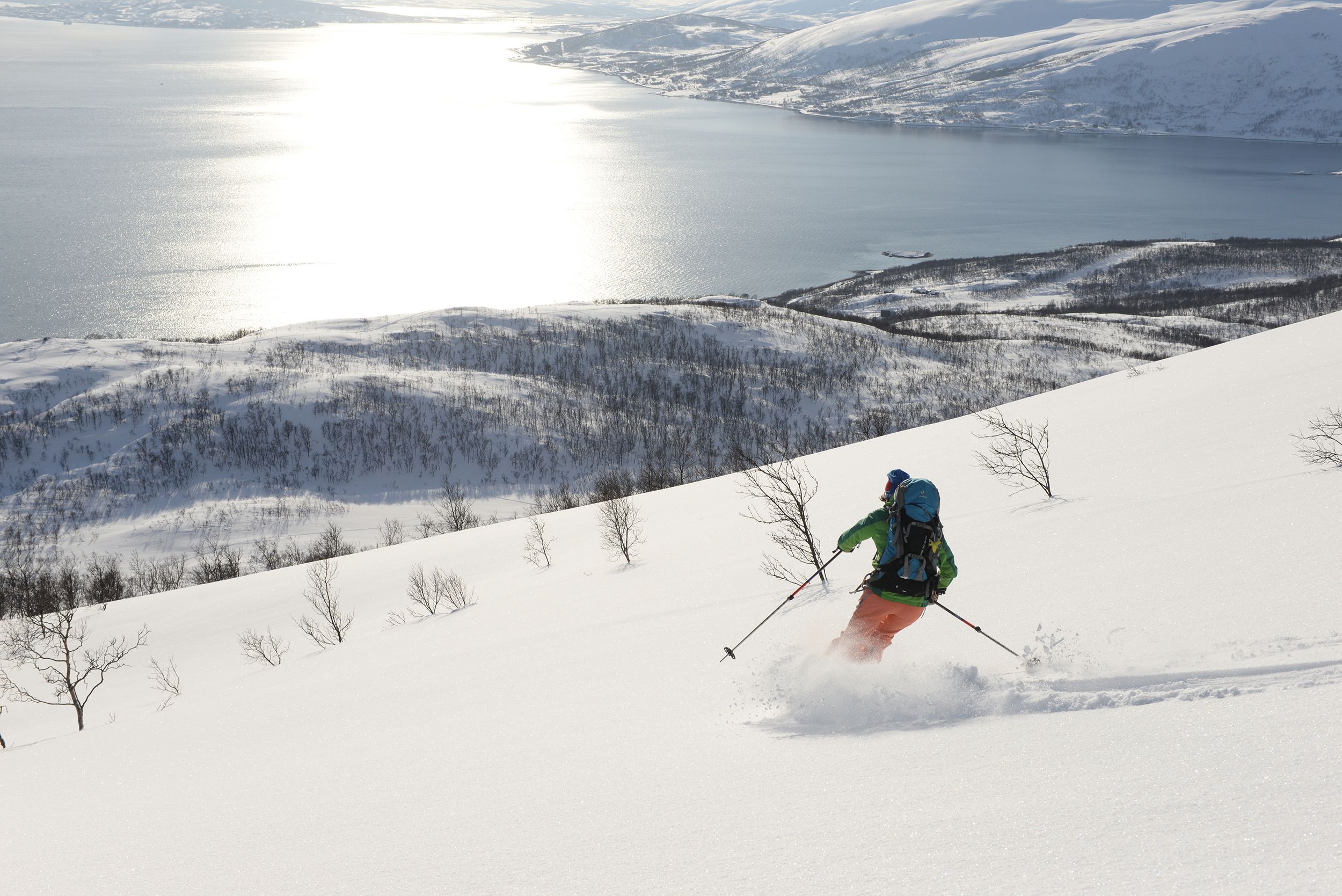 A person does off-piste skiing with a view of the sea at Gammelgårdsfjellet, Tromsø, Northern Norway