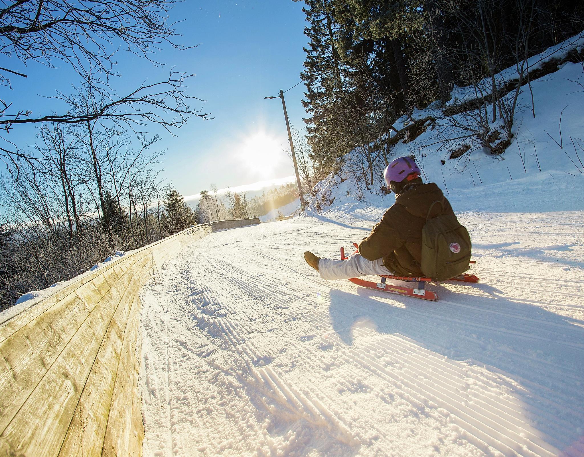 Toboggan run down the slope called Korketrekkeren in Oslo