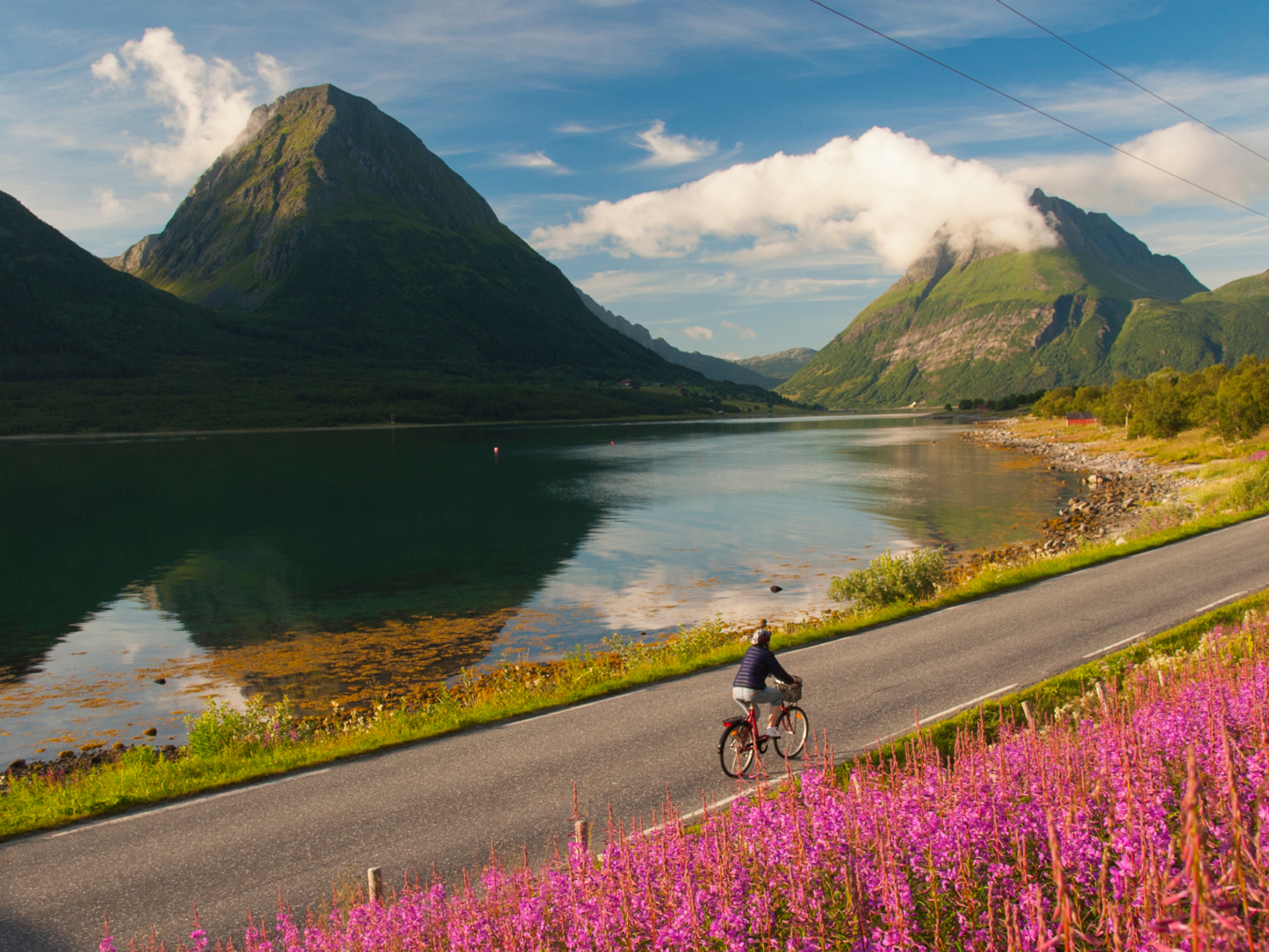 Woman biking in Lurøy, Aldersund