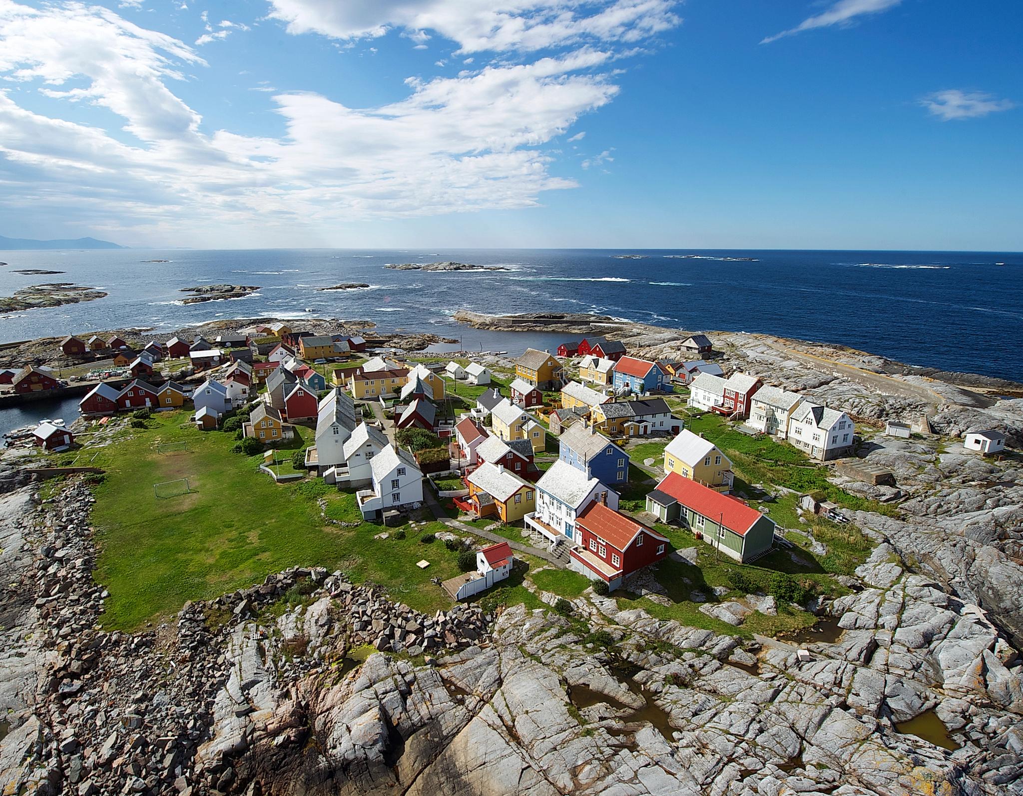 Grip island with small wooden houses in Kristiansund, Fjord Norway