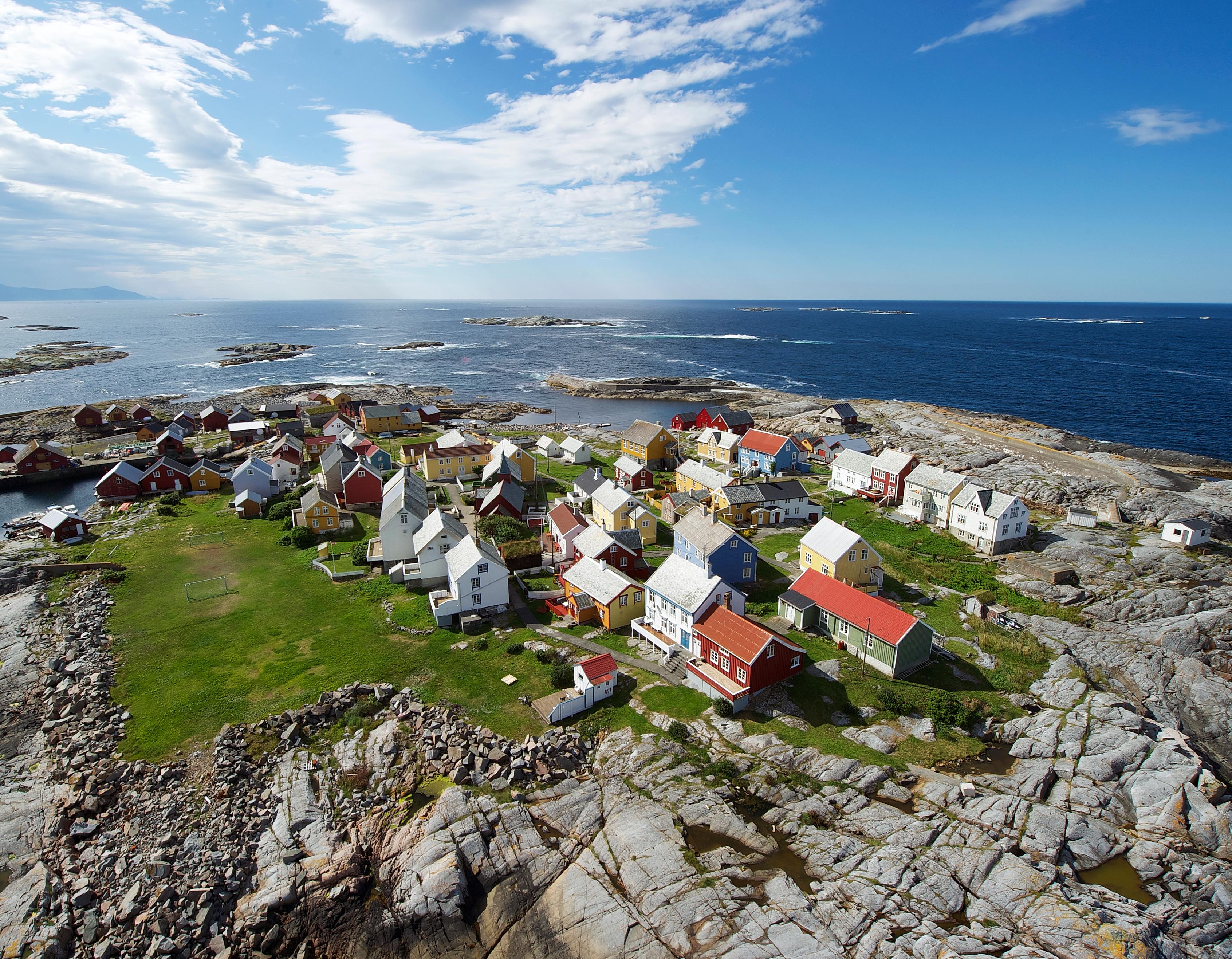 Grip island with small wooden houses in Kristiansund, Fjord Norway