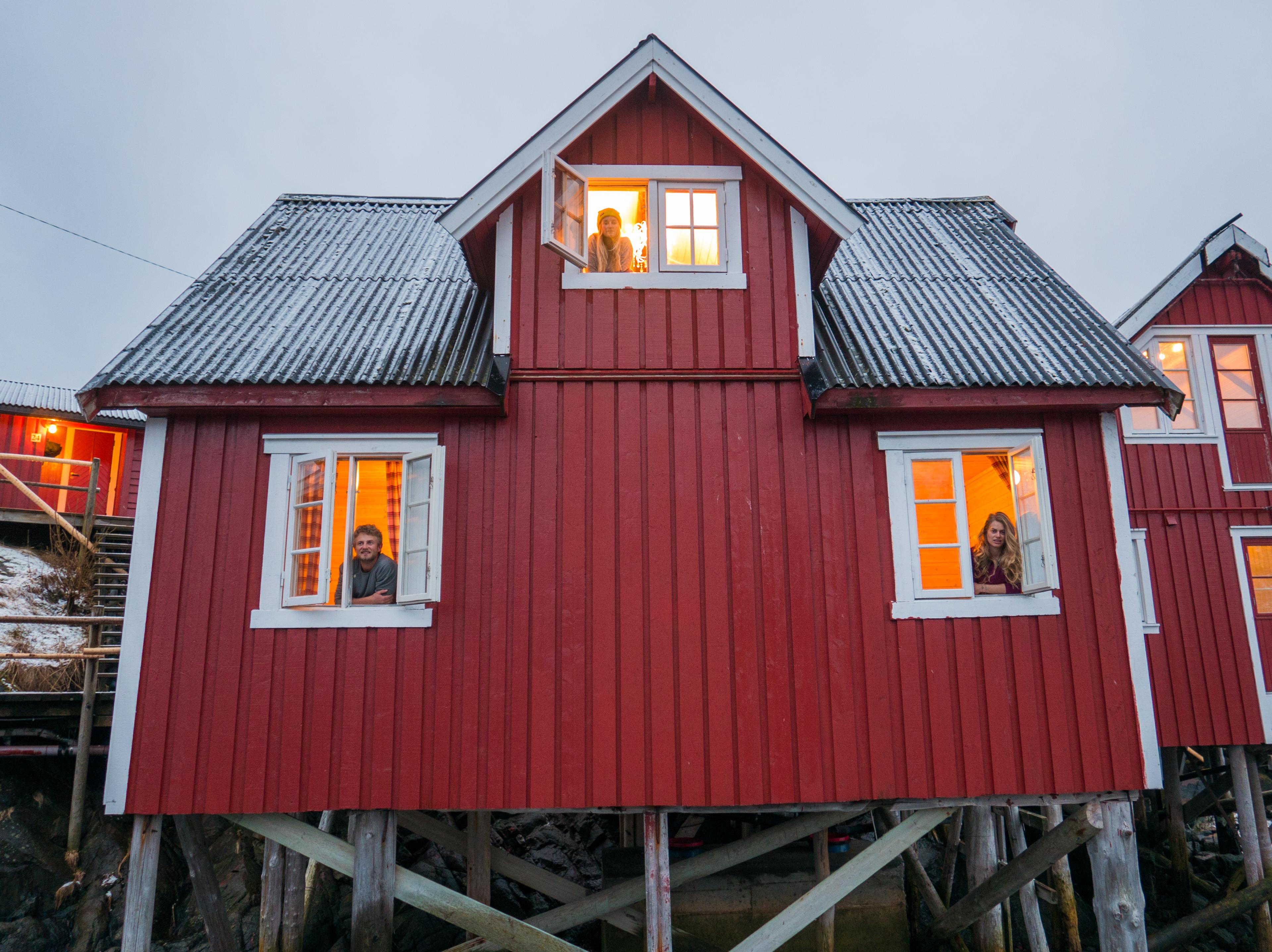 Exterior image of a red fisherman's cabin in Lofoten in Northern Norway