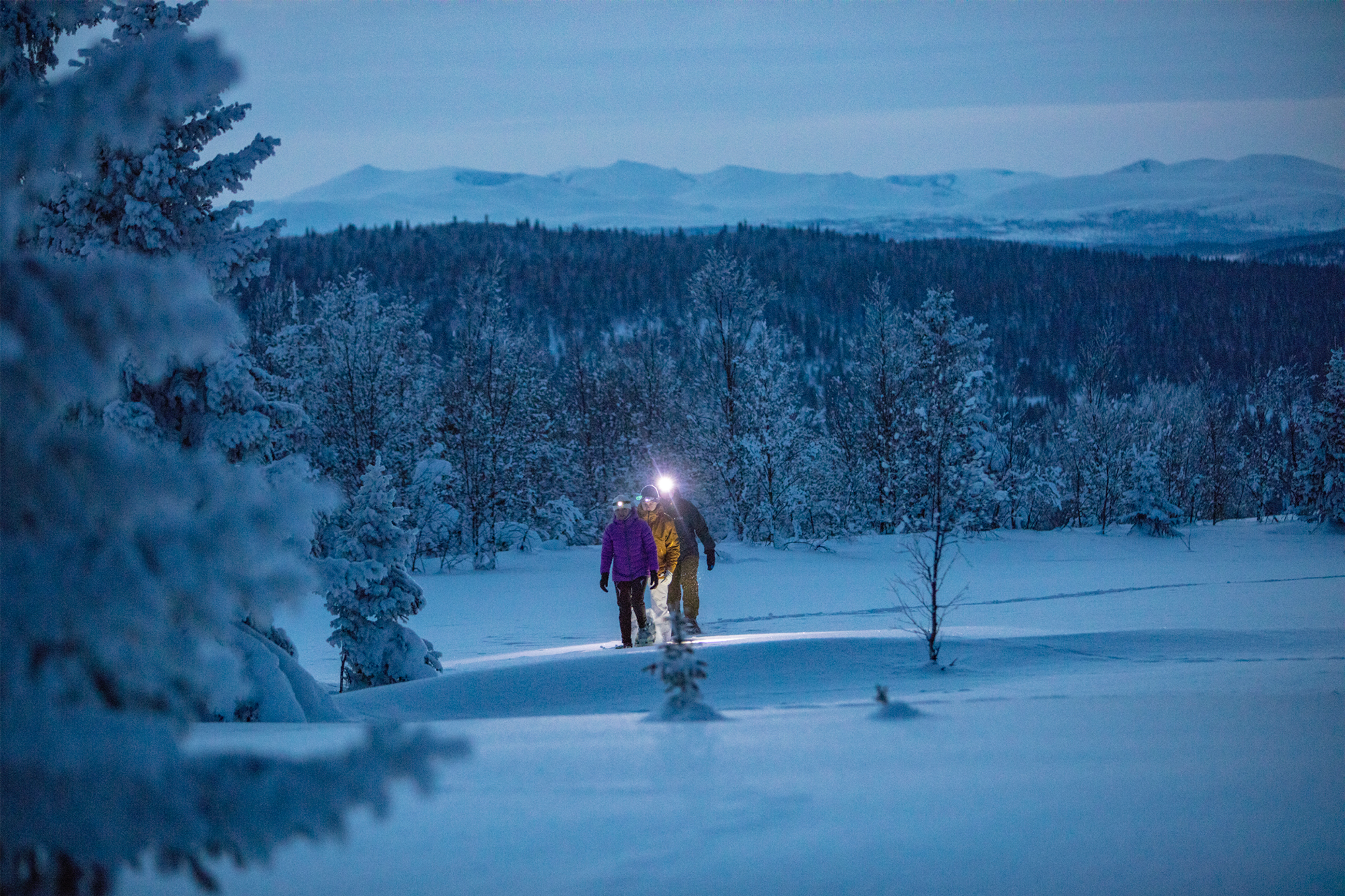 Three people snowshoeing in Gålå in Gudbrandsdalen, Eastern Norway