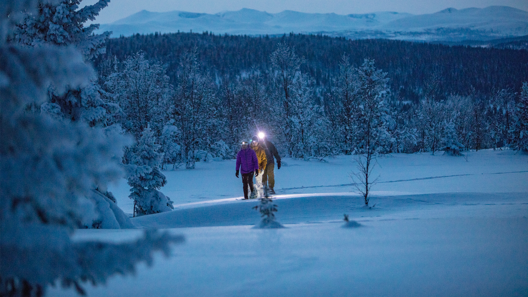 Three people snowshoeing in Gålå in Gudbrandsdalen, Eastern Norway
