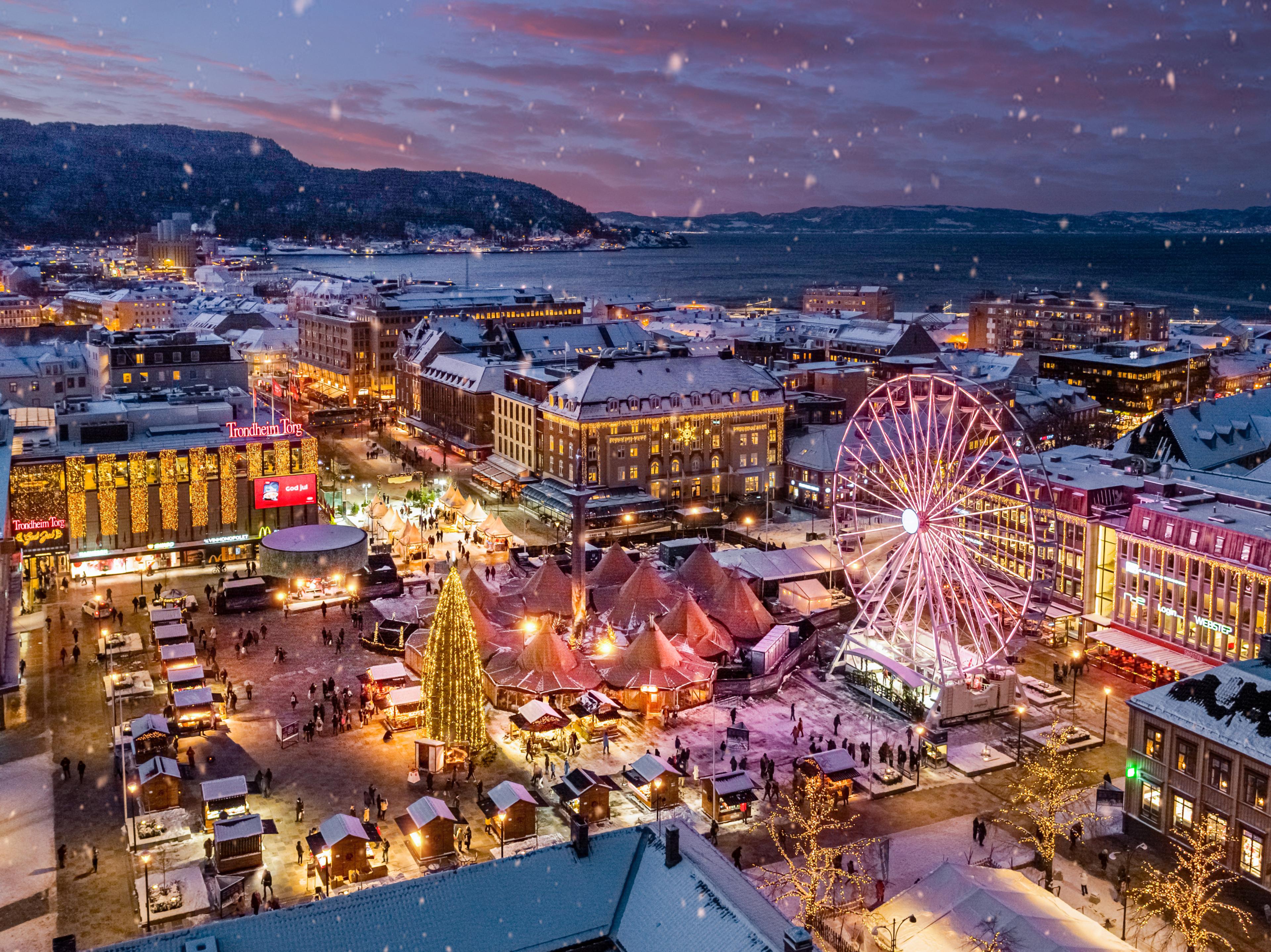 The Christmas market in Trondheim seen from above, Trøndelag, Norway.