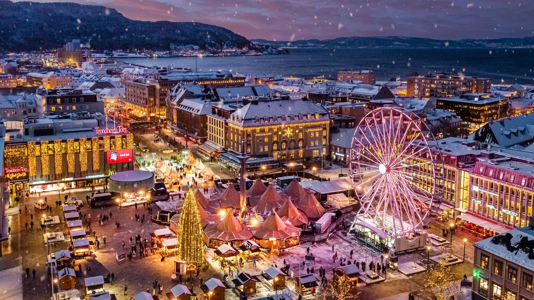 The Christmas market in Trondheim seen from above, Trøndelag, Norway.