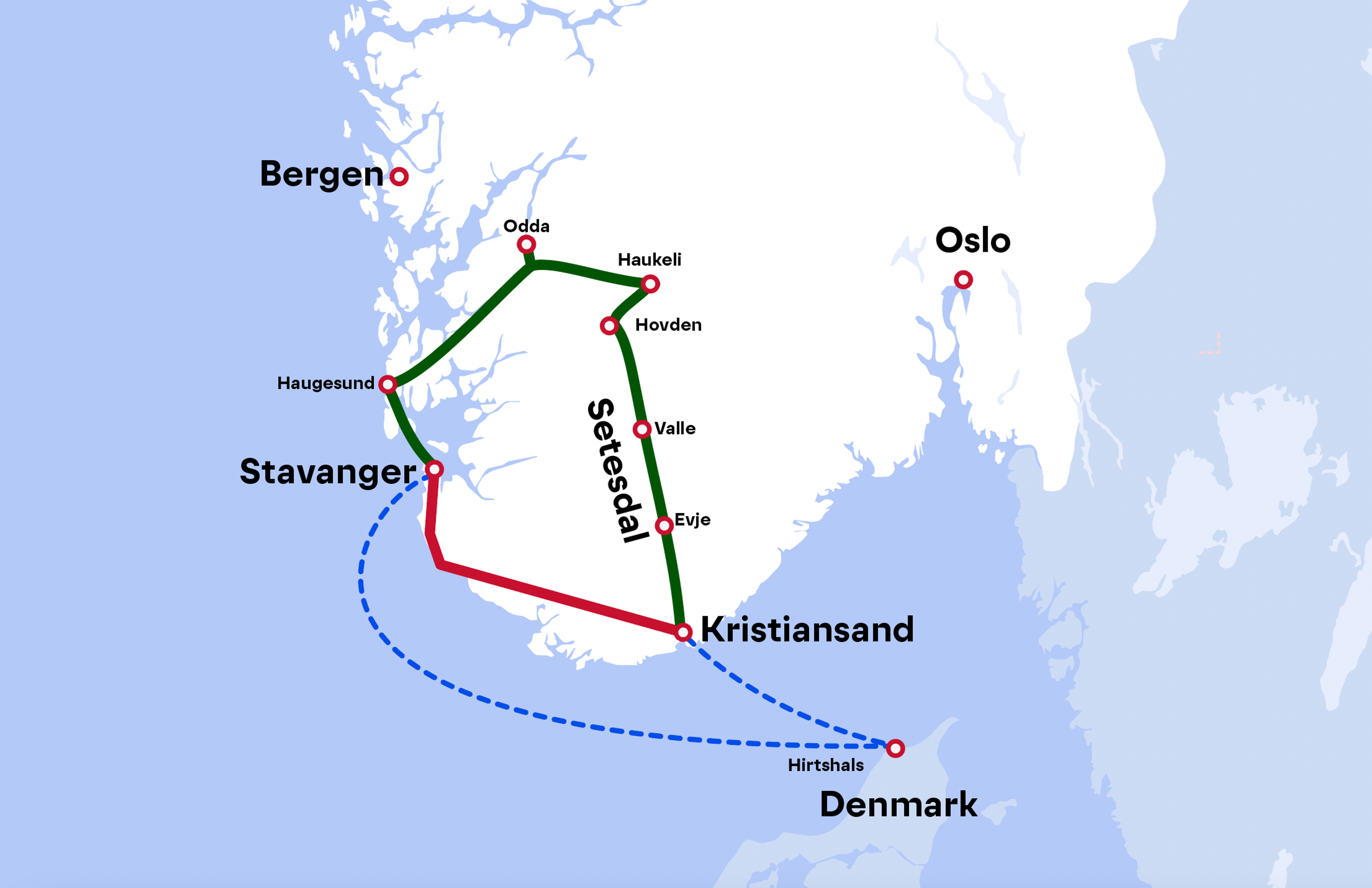 Map: Kristiansand - Setesdal - Haugesund - Stavanger, Southern Norway and Fjord Norway