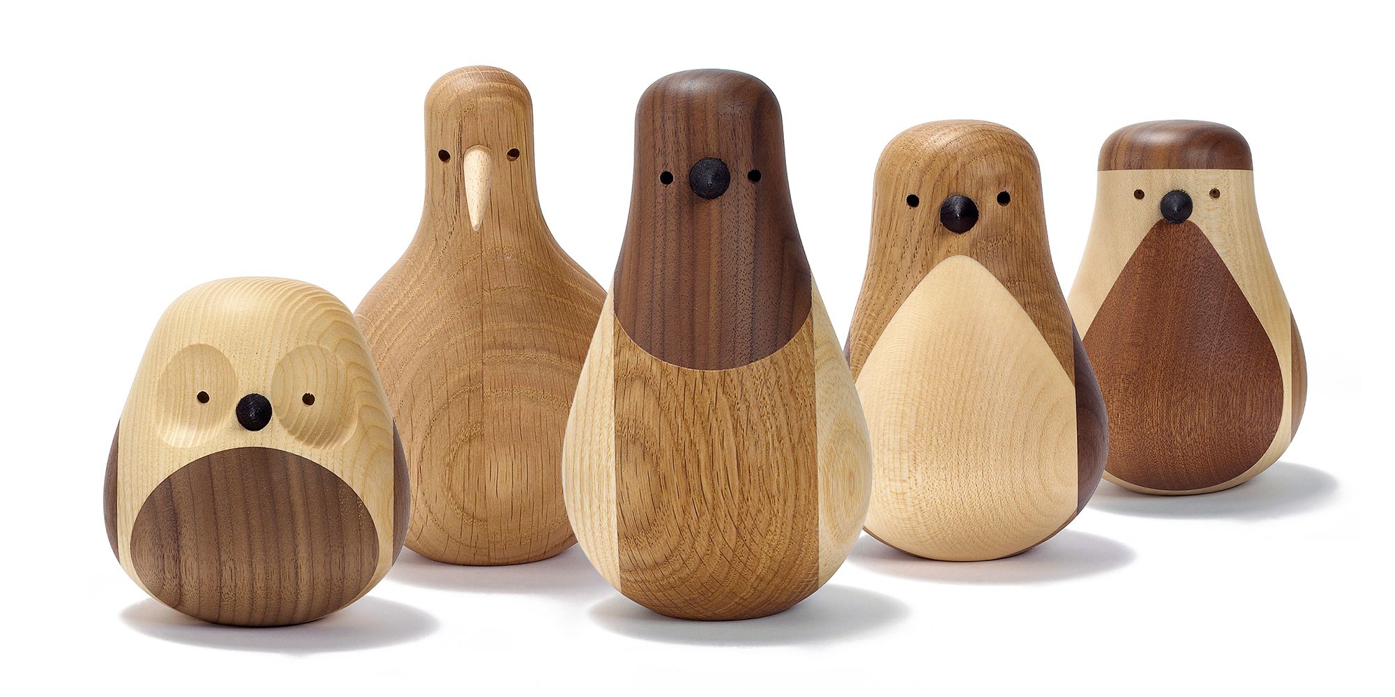 Five bird figurines made of wood