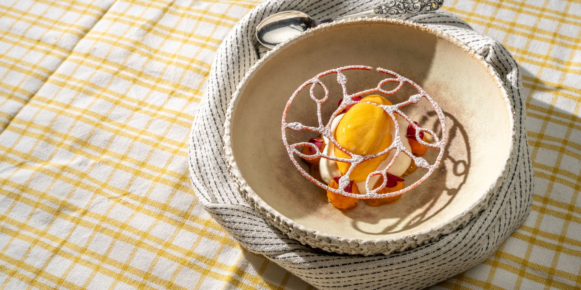 Cloudberry ice cream with krumkake made by chef Tom Victor Gausdal.