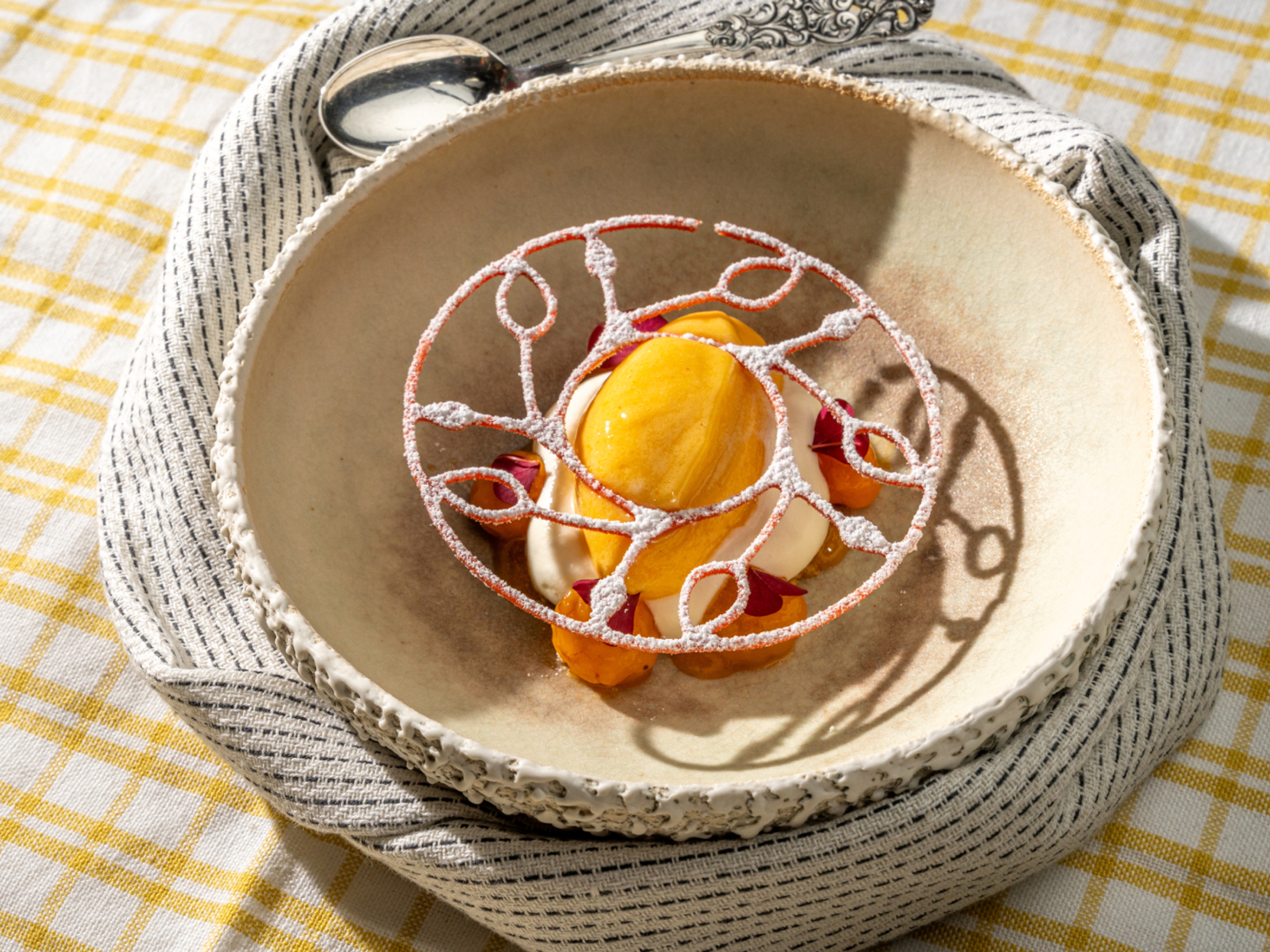 Cloudberry ice cream with krumkake made by chef Tom Victor Gausdal.
