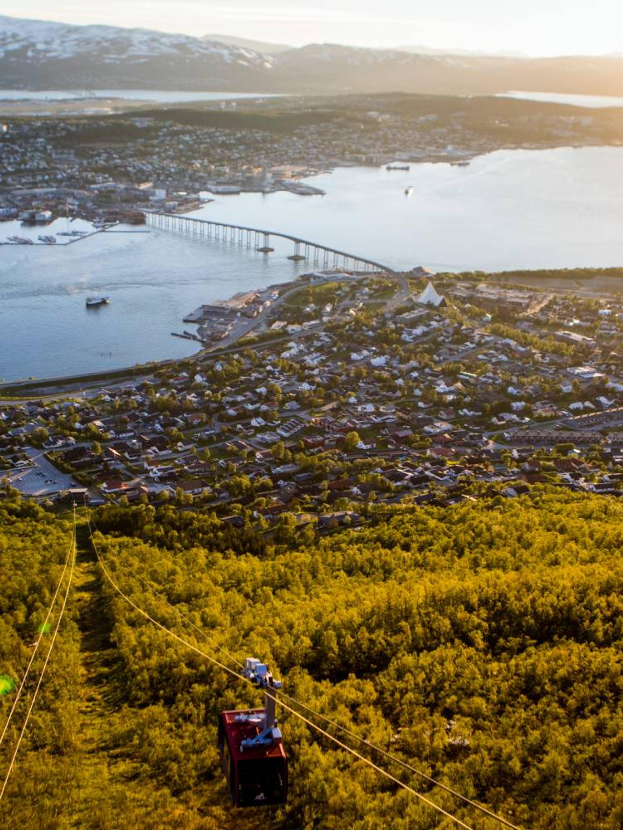 Cable car and view over Tromsø and the fjord