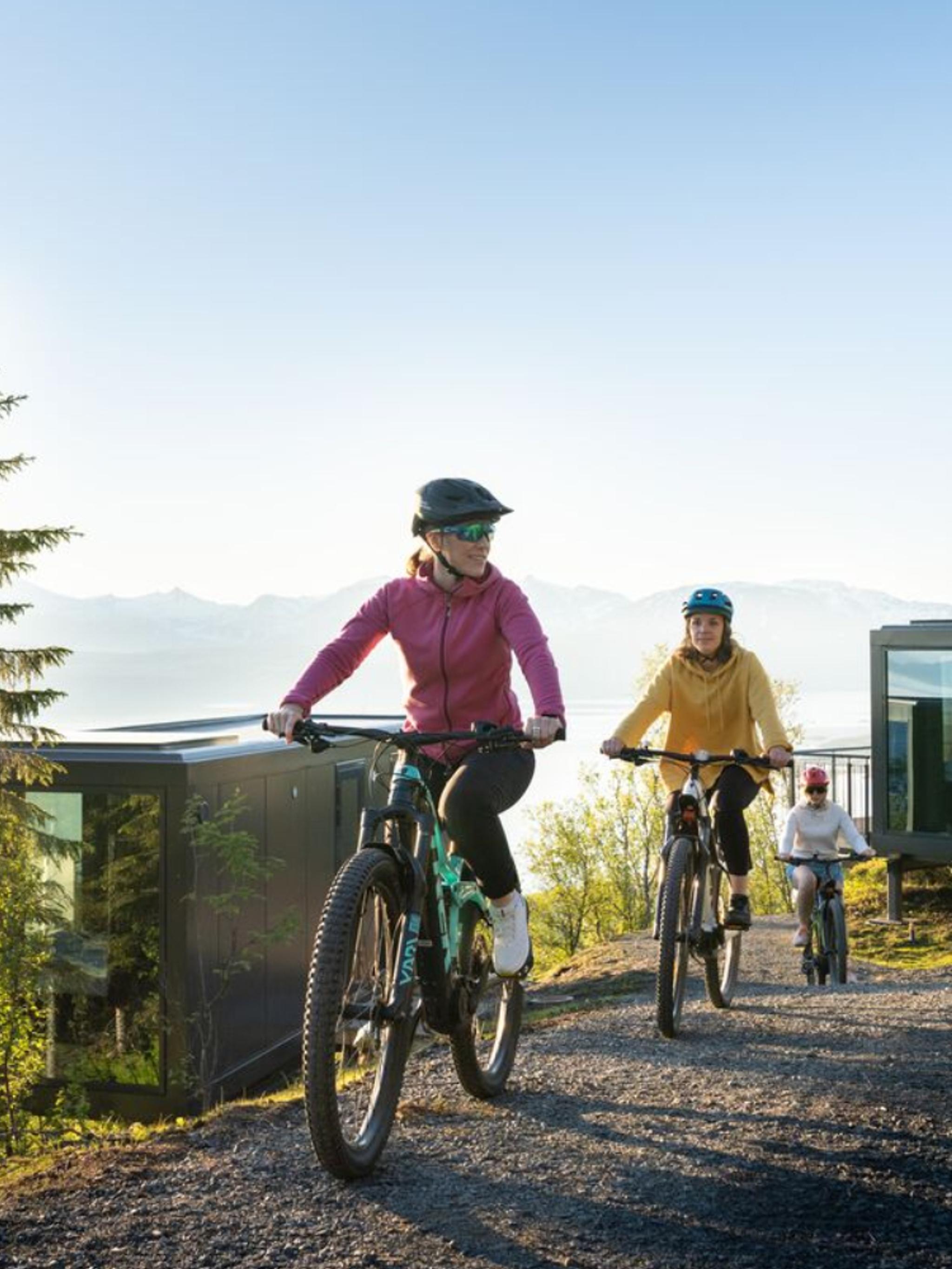 Three people summer biking at the Narvikfjellet with midnight sun