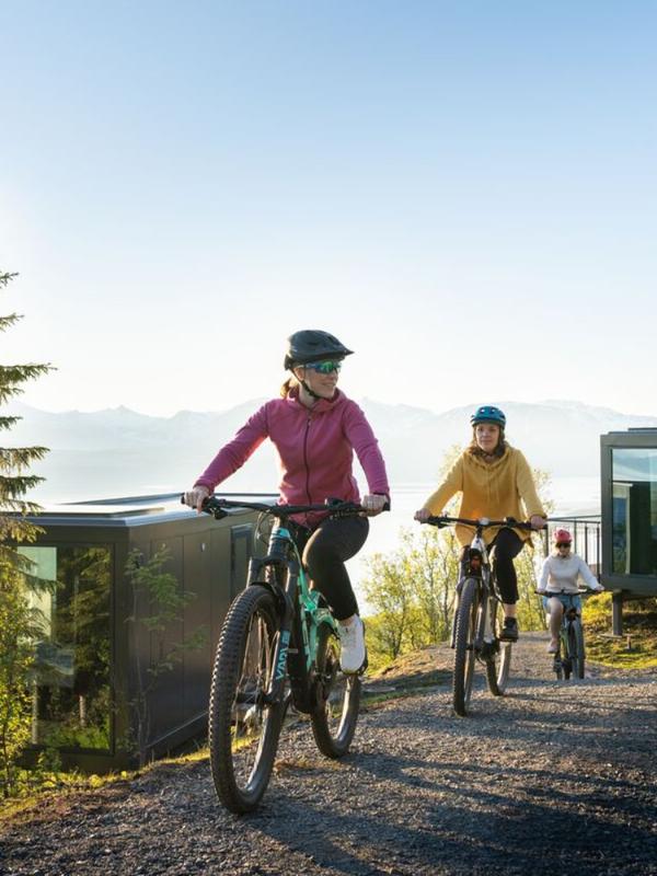 Three people summer biking at the Narvikfjellet with midnight sun
