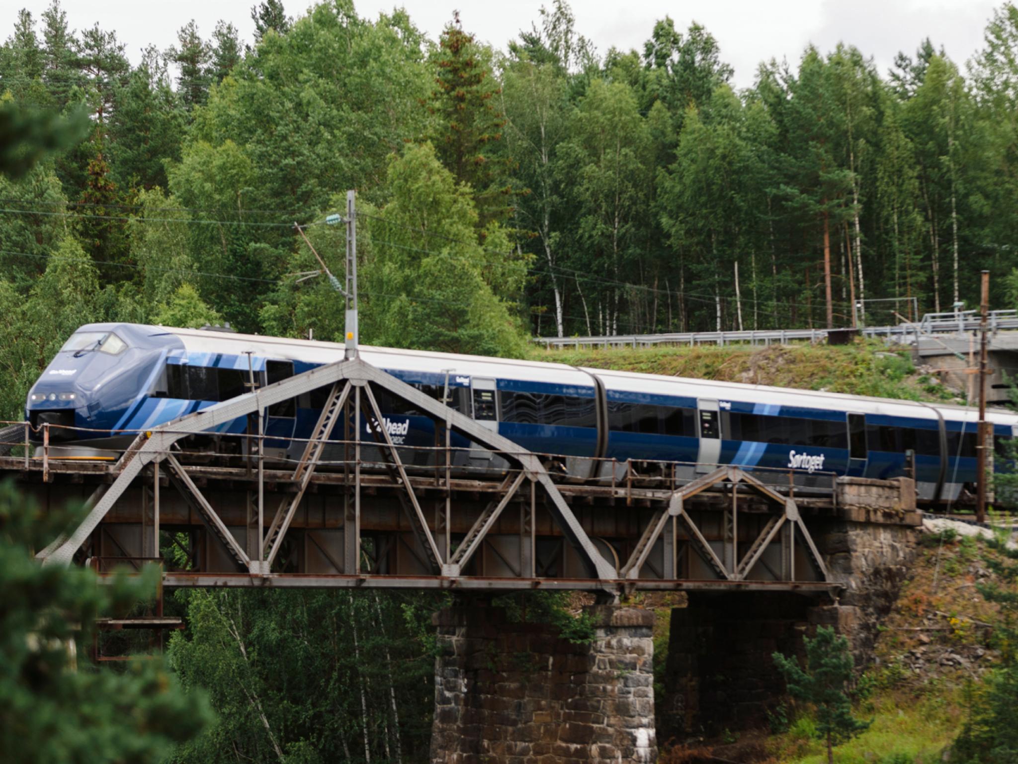 Sørtoget kjører over en bro i skogen, Norge.