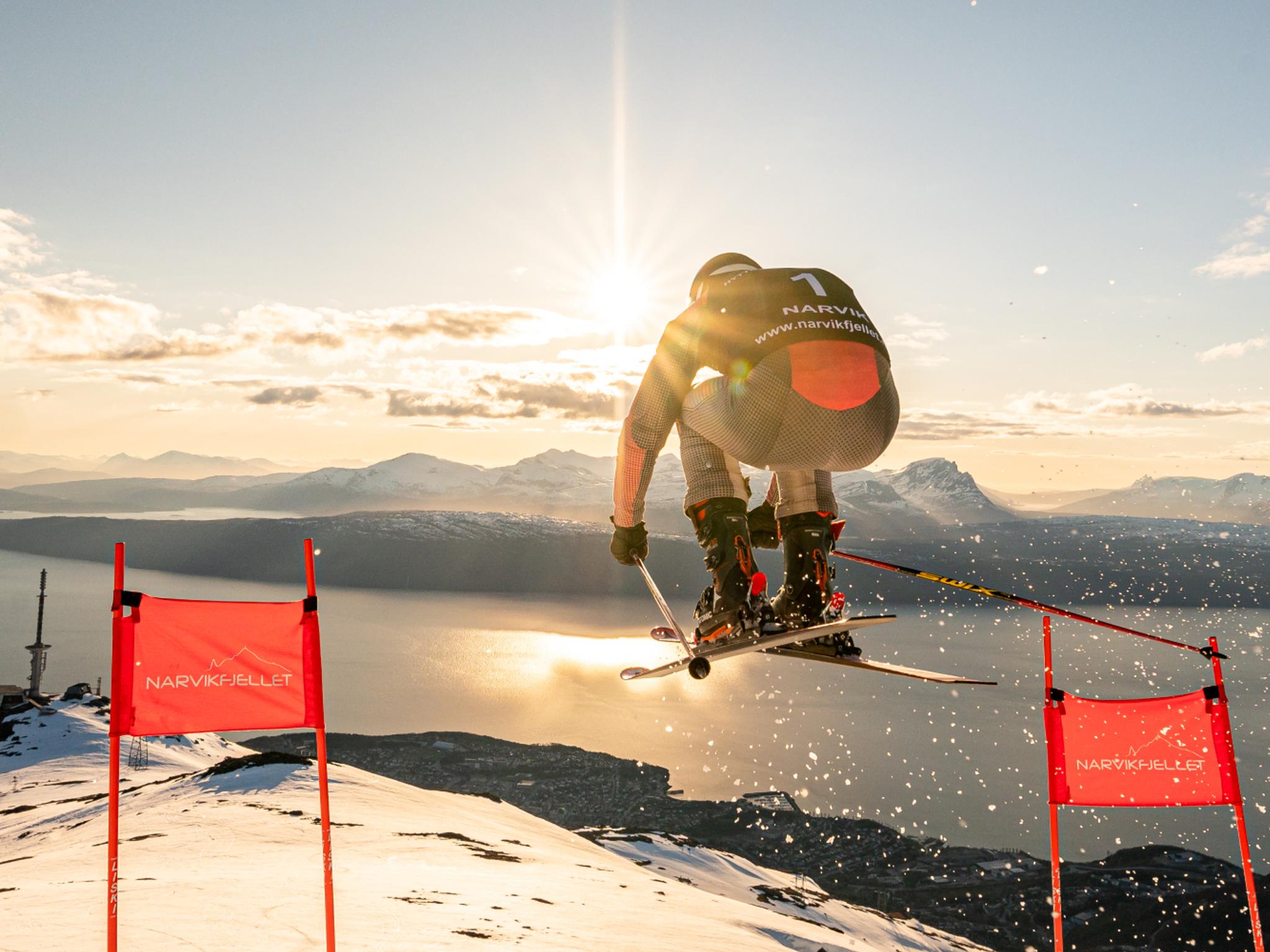 Alpine athlete competing at Narvik mountain with a spectacular view