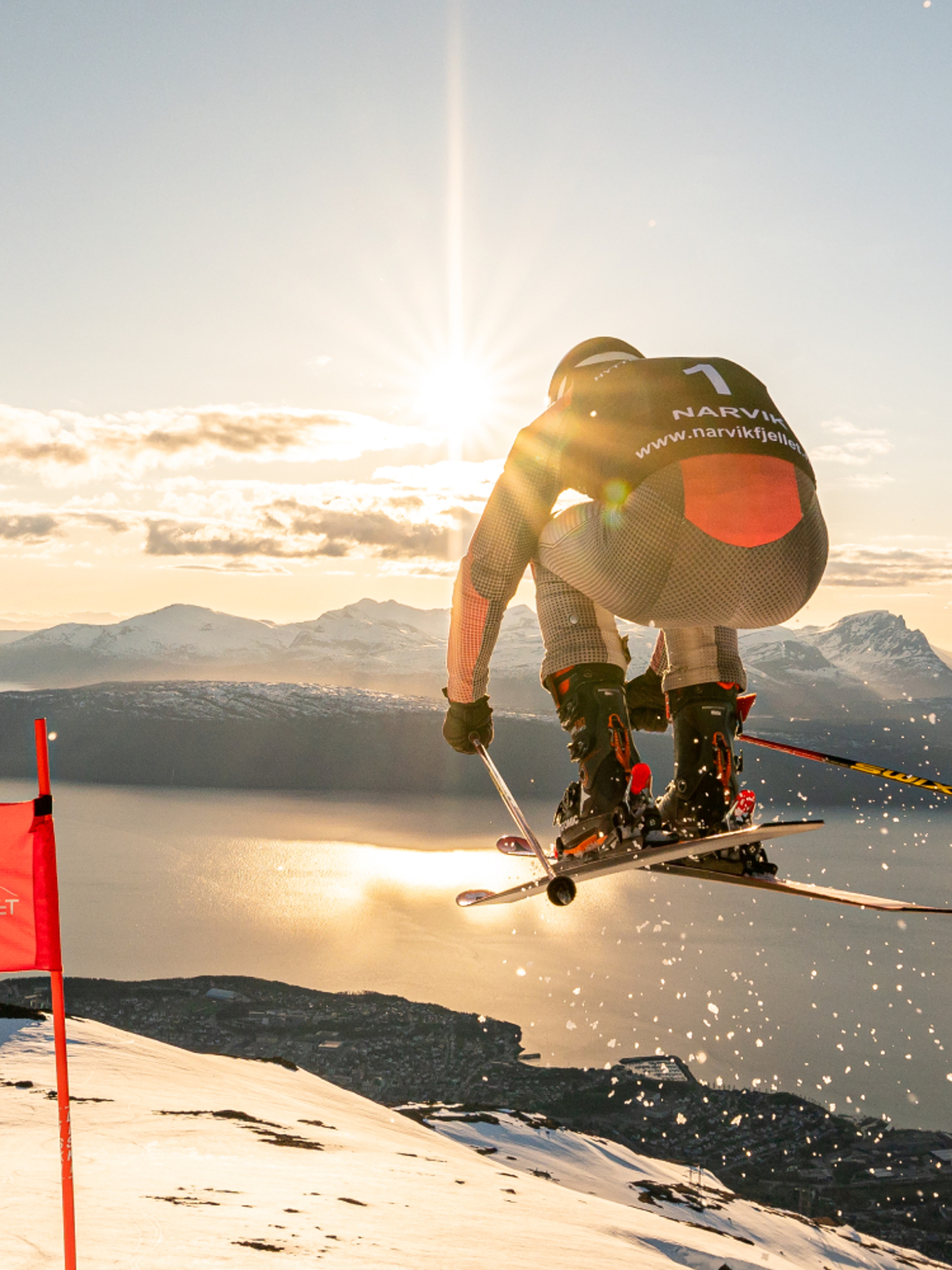 Alpine athlete competing at Narvik mountain with a spectacular view