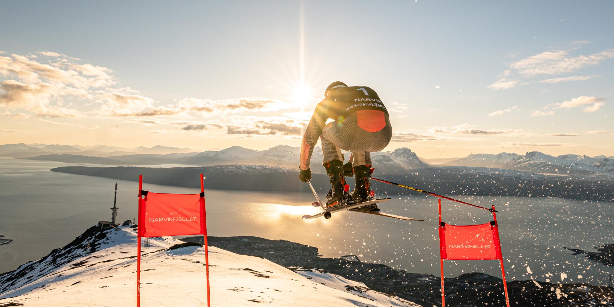Alpine athlete competing at Narvik mountain with a spectacular view